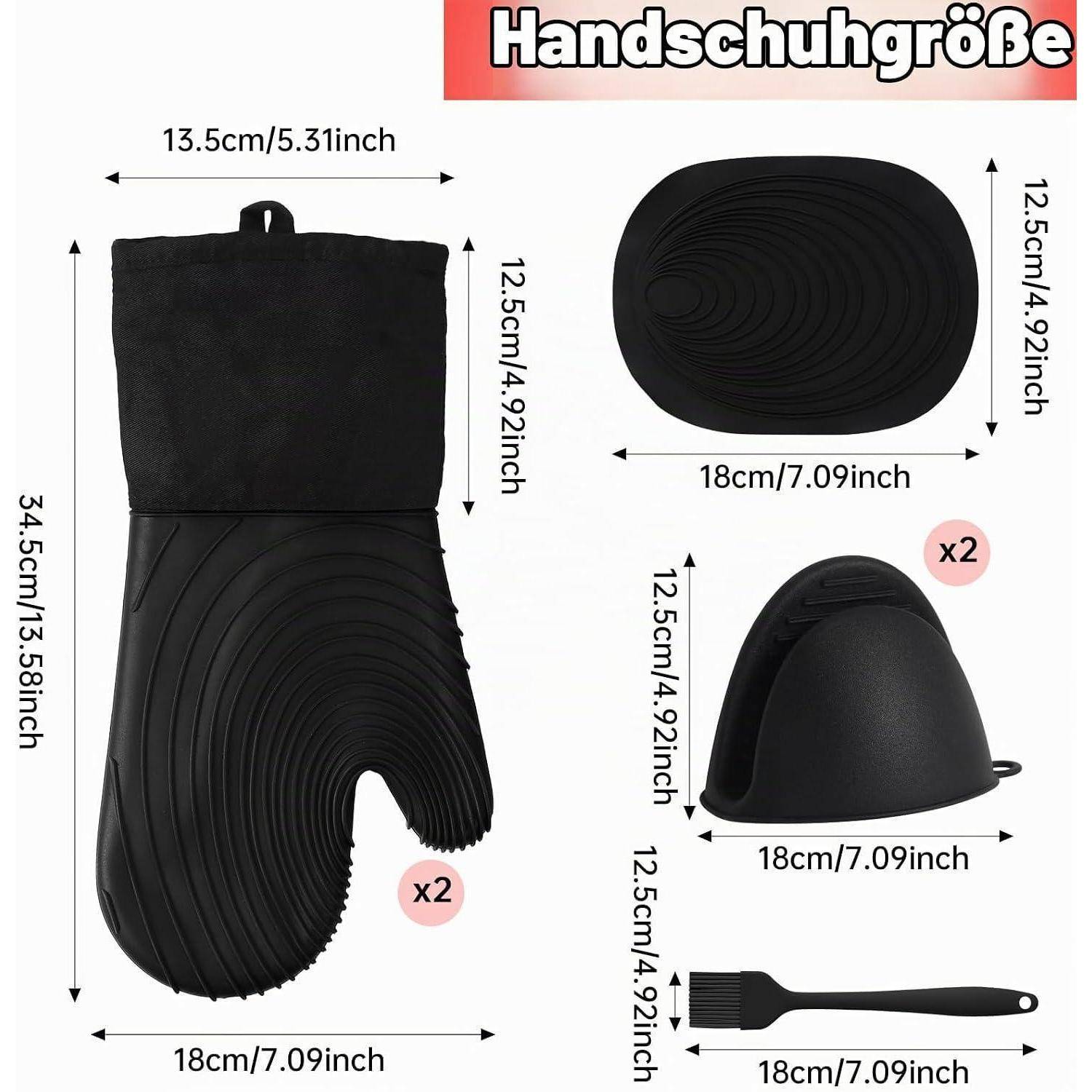 Ofenhandschuhe Silikon Hitzebeständig 250°C Schwarz | Set mit Pinsel und Matte