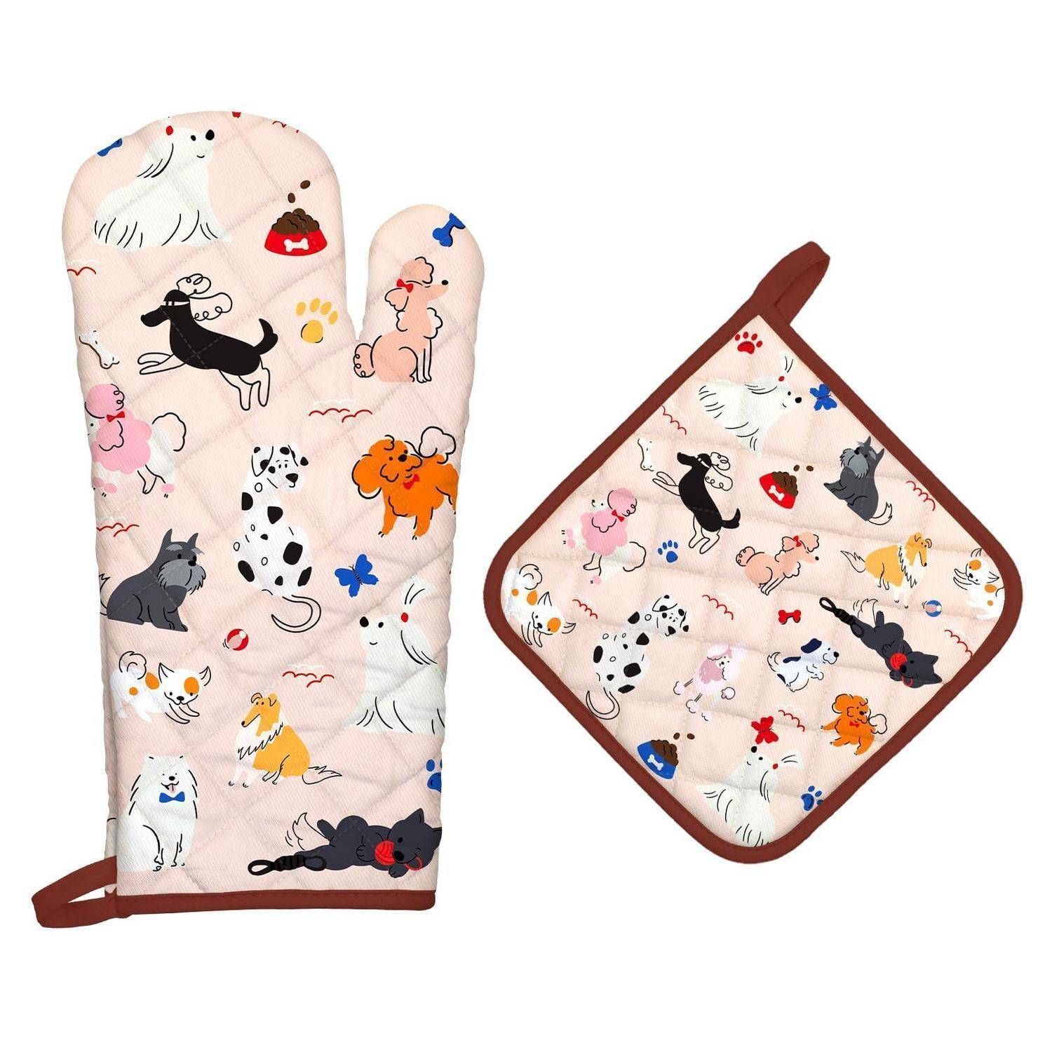 Ofenhandschuh und Topflappen 2er-Set Baumwolle Hund-Motiv