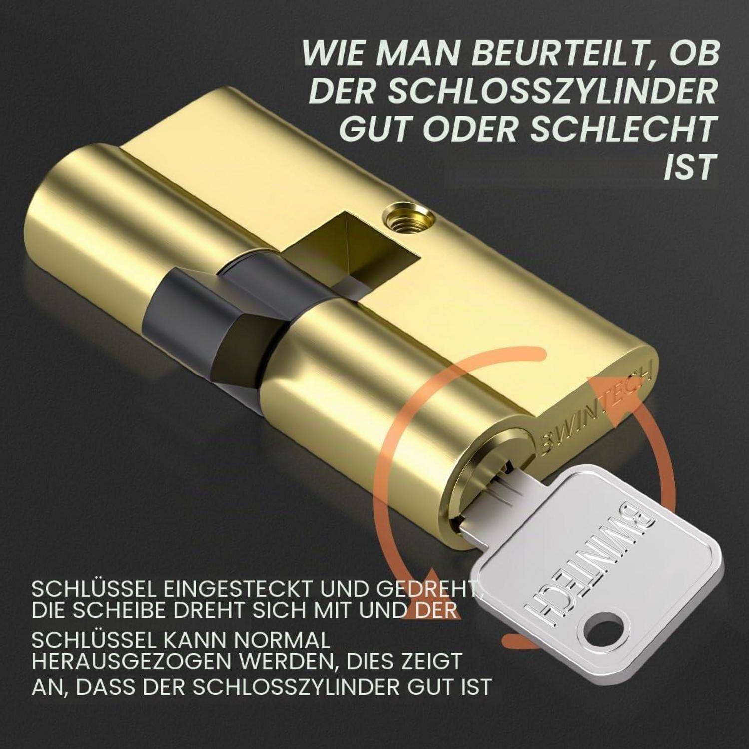 Illustration eines Schlosszylinders mit einem eingeführten und gedrehten Schlüssel, das zeigt, dass der Schlüssel entfernt werden kann, während sich der Bolzen dreht, was anzeigt, dass der Zylinder in gutem Zustand ist.