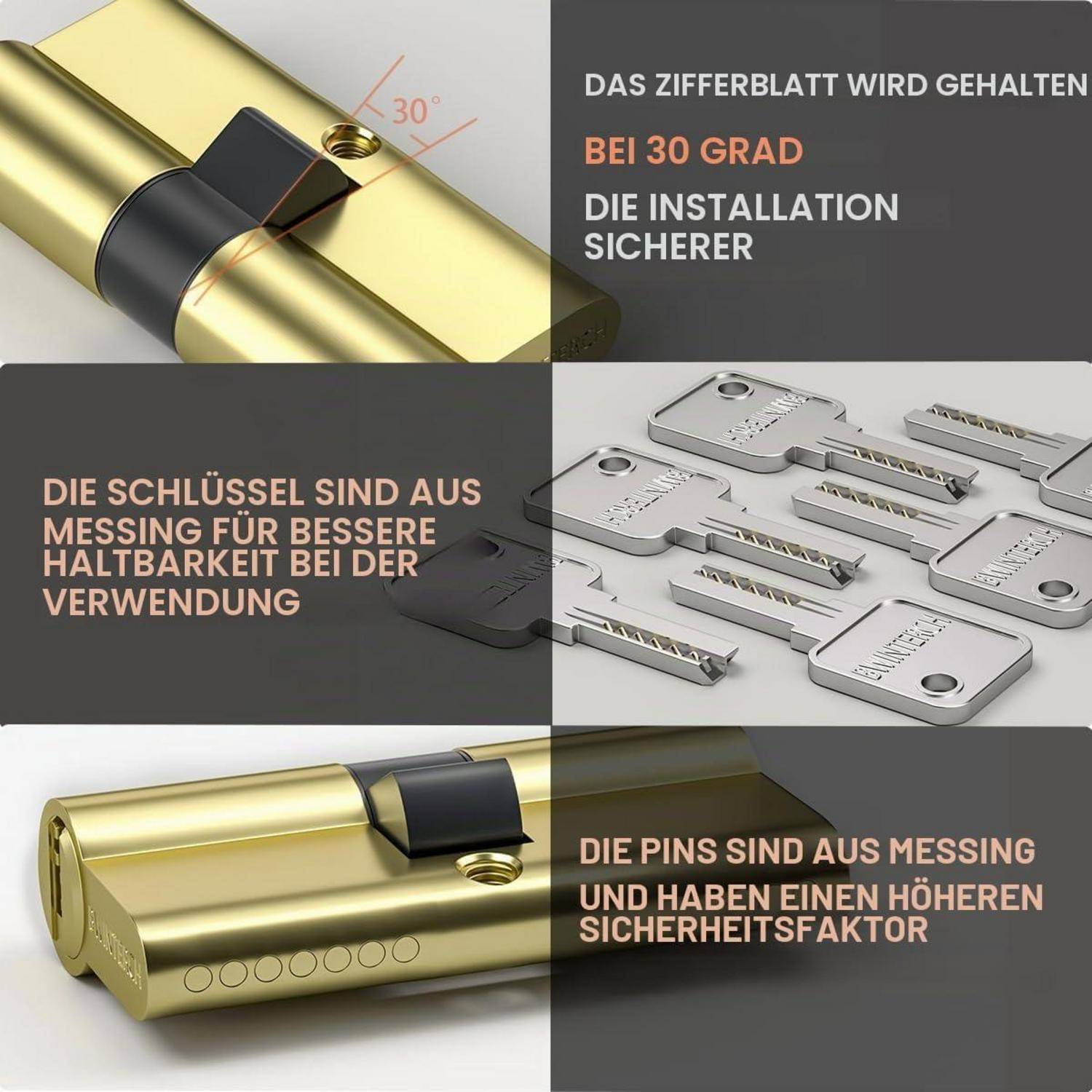 Deutsches Produktgrafik, das Messingzylinderschloss-Funktionen zeigt: 30-Grad-Drehung sichert die Schaltfläche, Messingtasten verbessern die Haltbarkeit und Messingstifte erhöhen die Sicherheit.