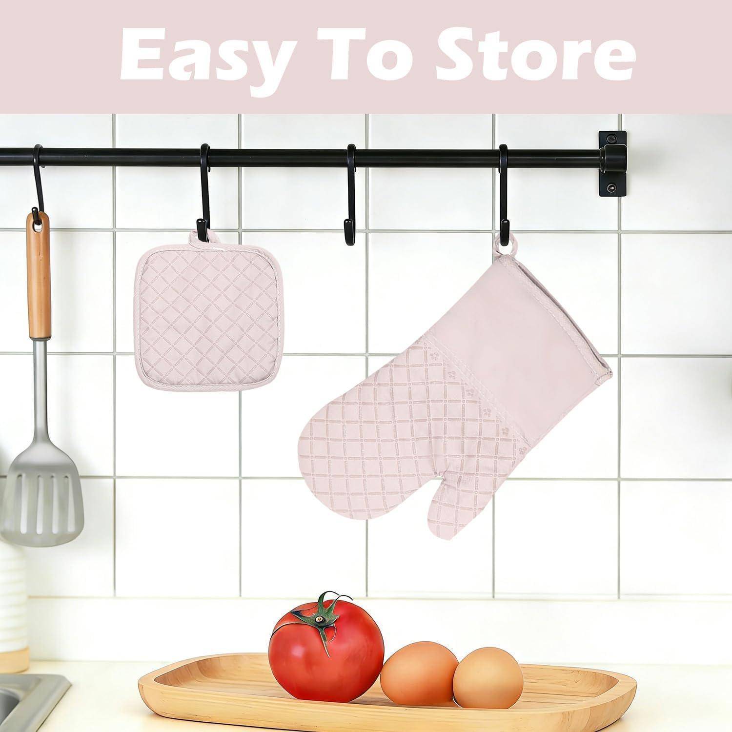 Ofenhandschuhe mit Topflappen, Silikon, hitzebeständig bis 250°C, Rosa
