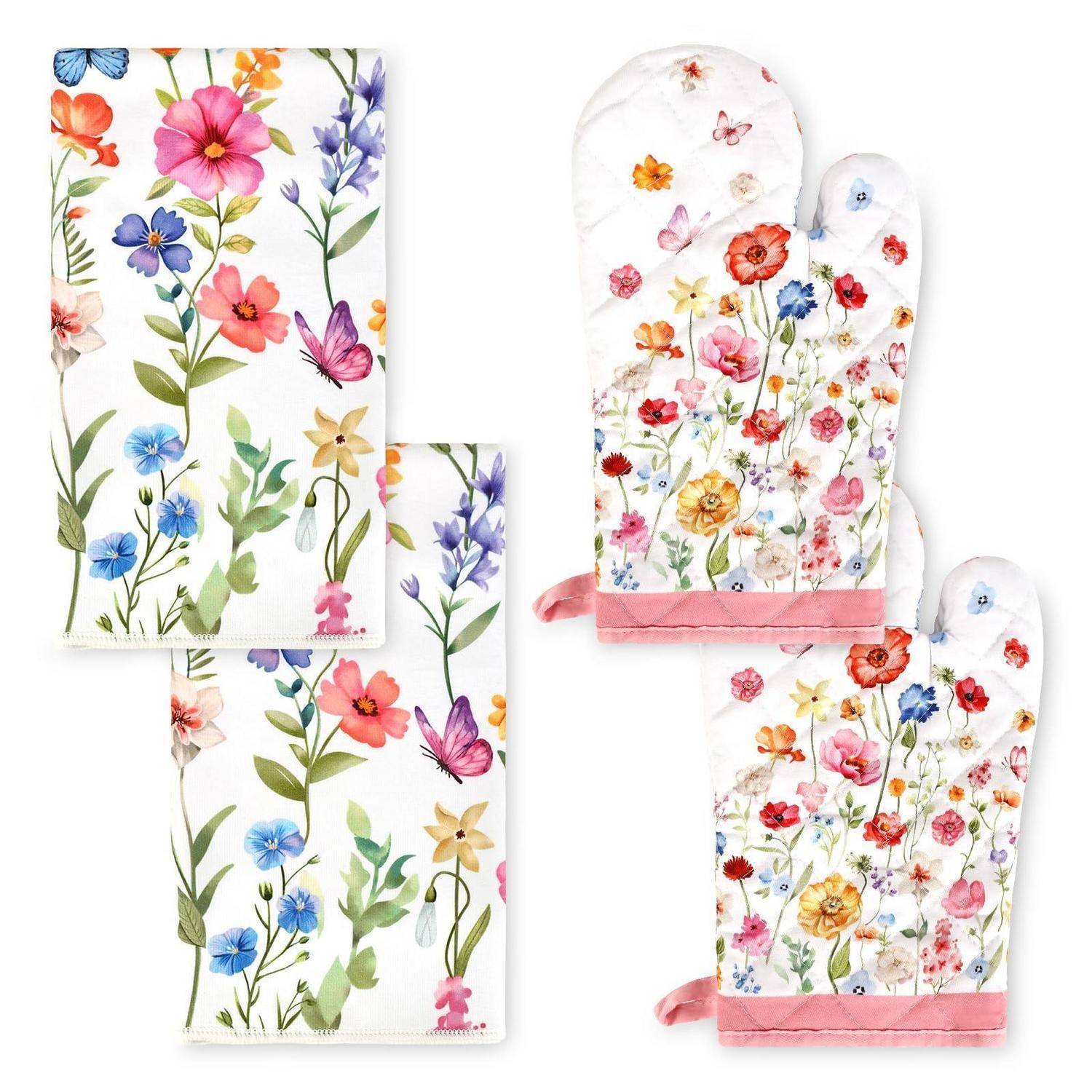Ofenhandschuh und Topflappen 4er-Set Baumwolle Wildblumen Motiv