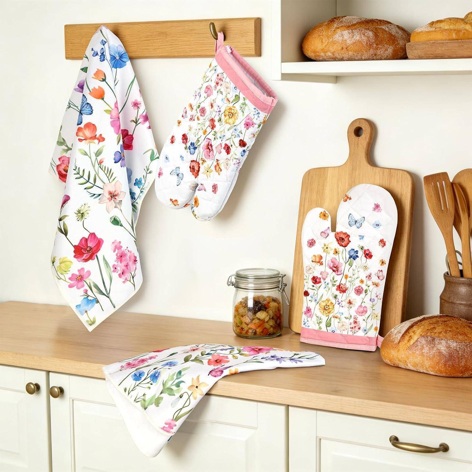 Ofenhandschuh und Topflappen 4er-Set Baumwolle Wildblumen Motiv