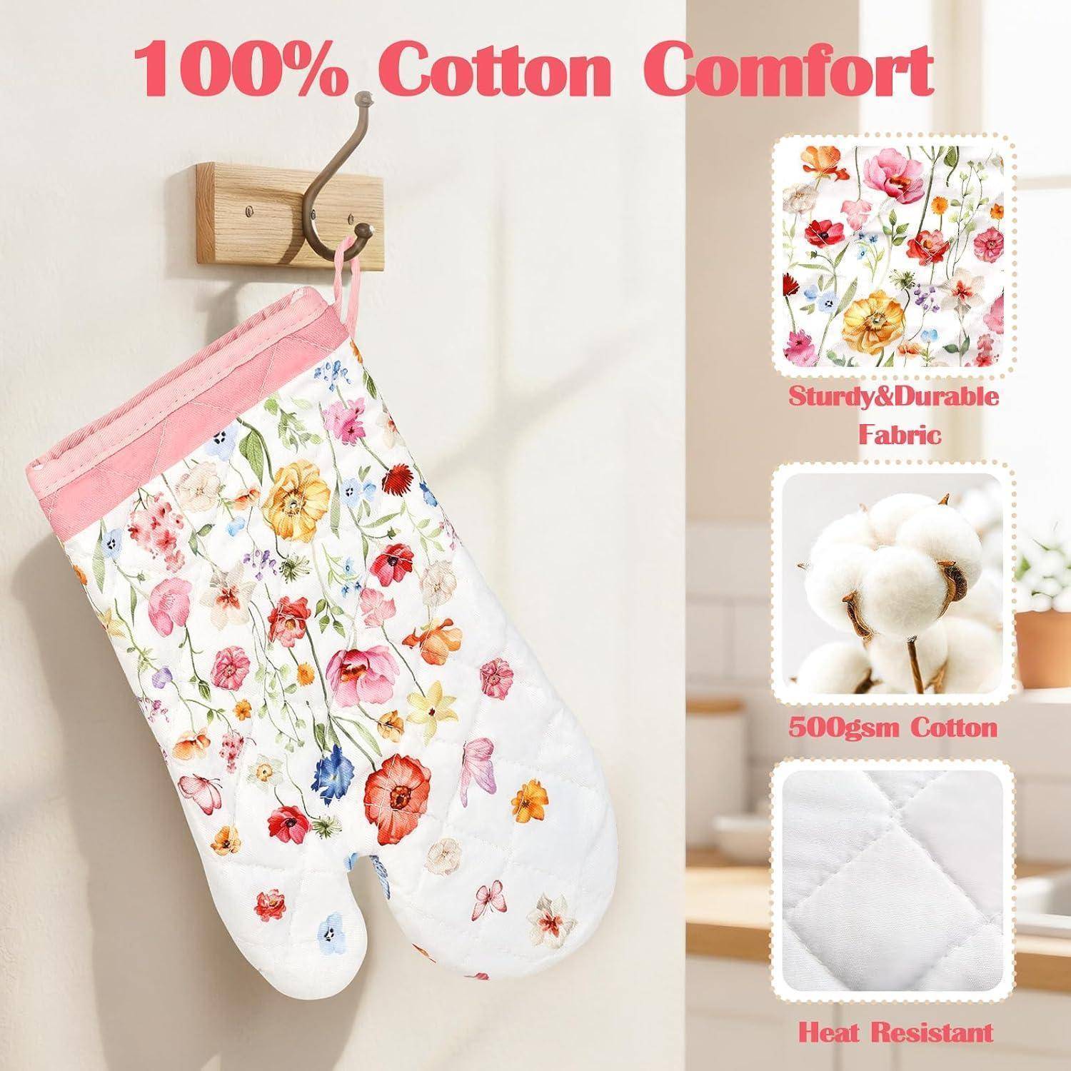 Ofenhandschuh und Topflappen 4er-Set Baumwolle Wildblumen Motiv