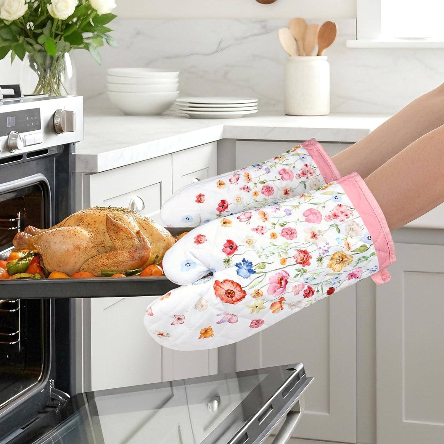 Ofenhandschuh und Topflappen 4er-Set Baumwolle Wildblumen Motiv