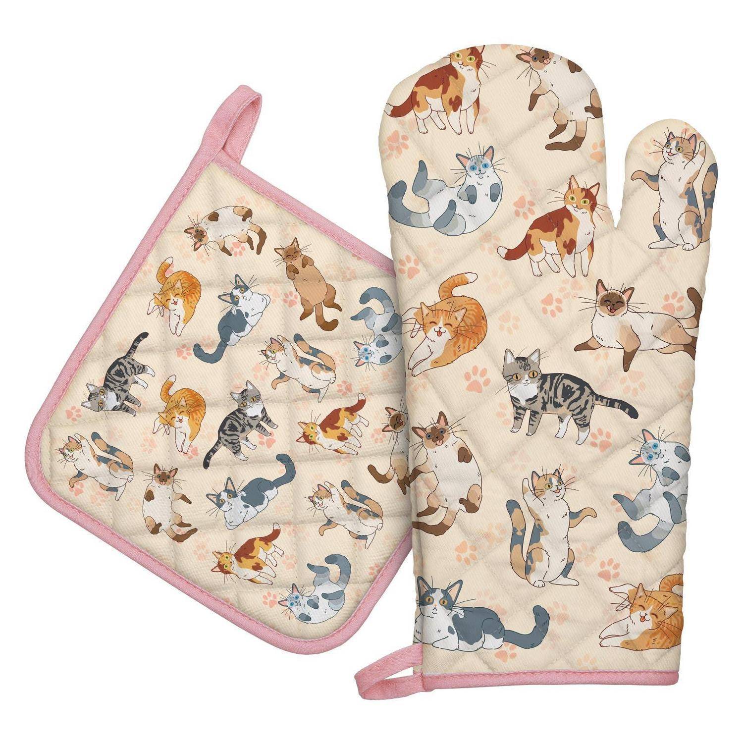 Ofenhandschuh und Topflappen 2er-Set Baumwolle Katze