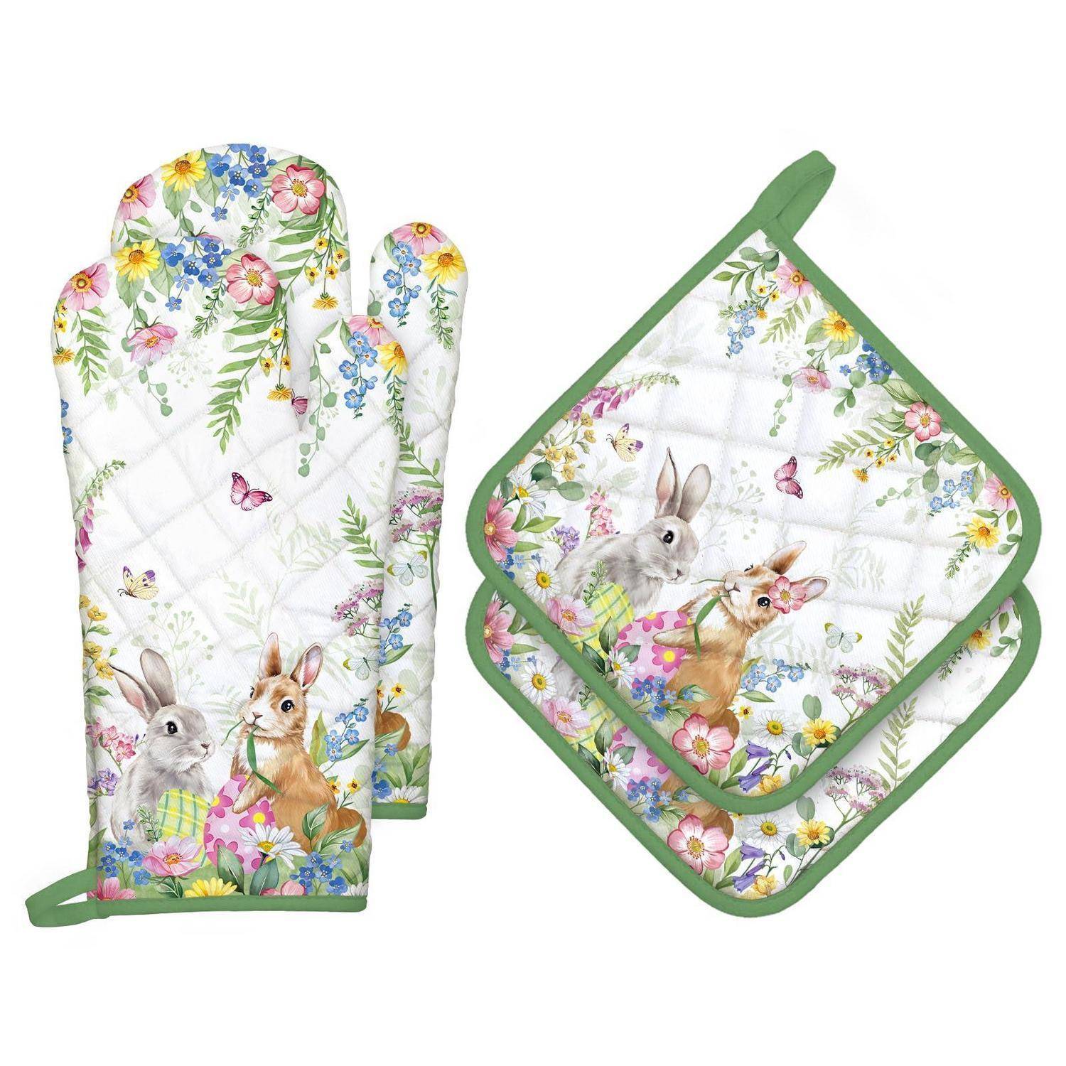 Ofenhandschuh & Topflappen Set 4tlg. Baumwolle Ostern Hase Motiv