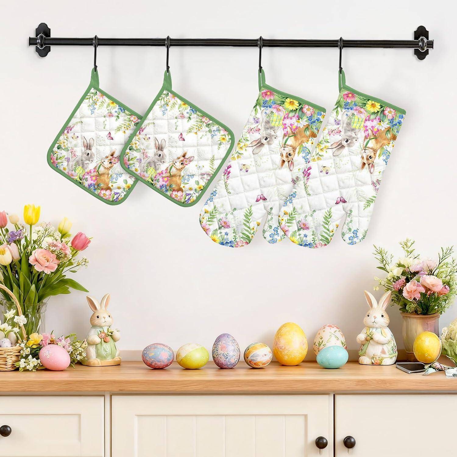 Ofenhandschuh & Topflappen Set 4tlg. Baumwolle Ostern Hase Motiv