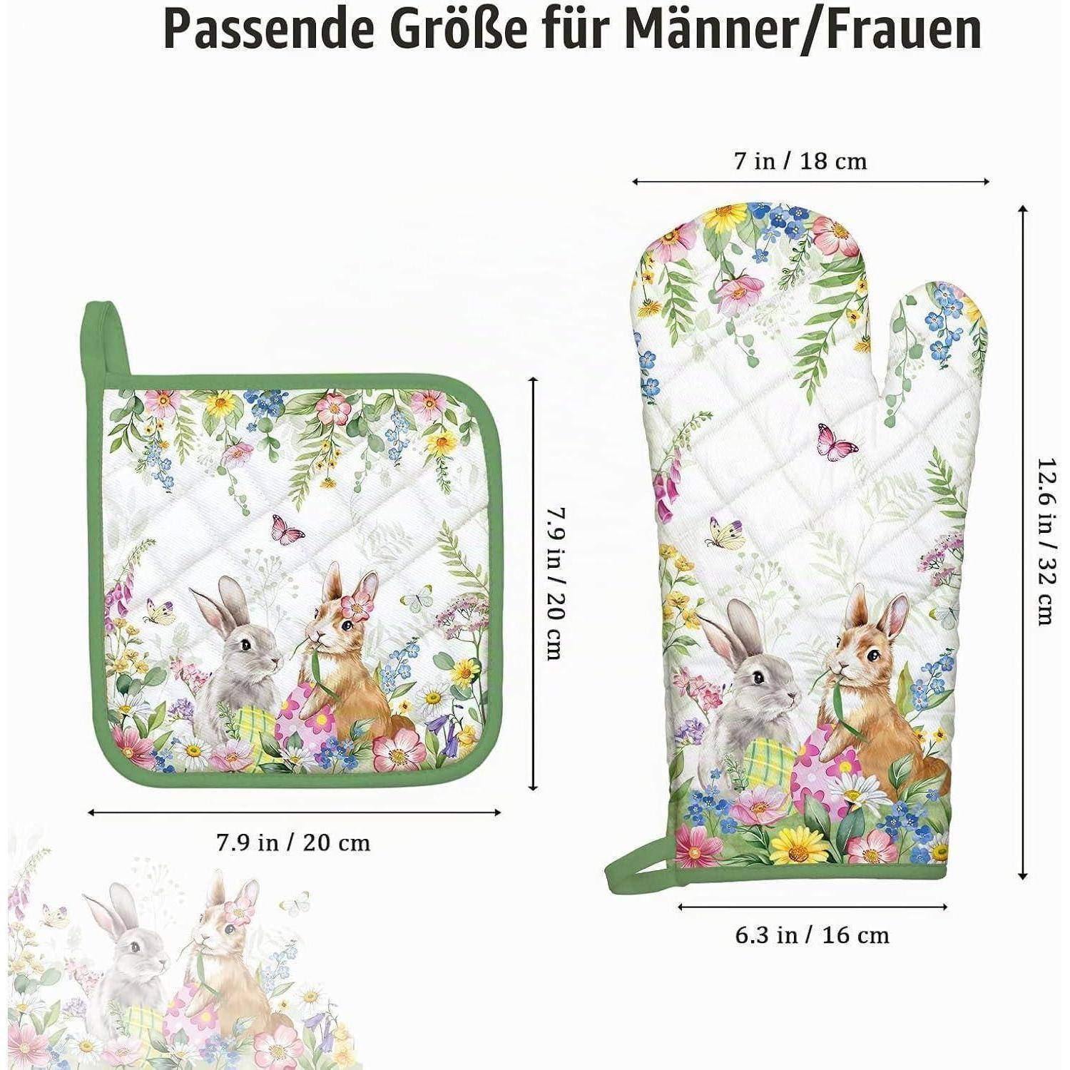 Ofenhandschuh & Topflappen Set 4tlg. Baumwolle Ostern Hase Motiv