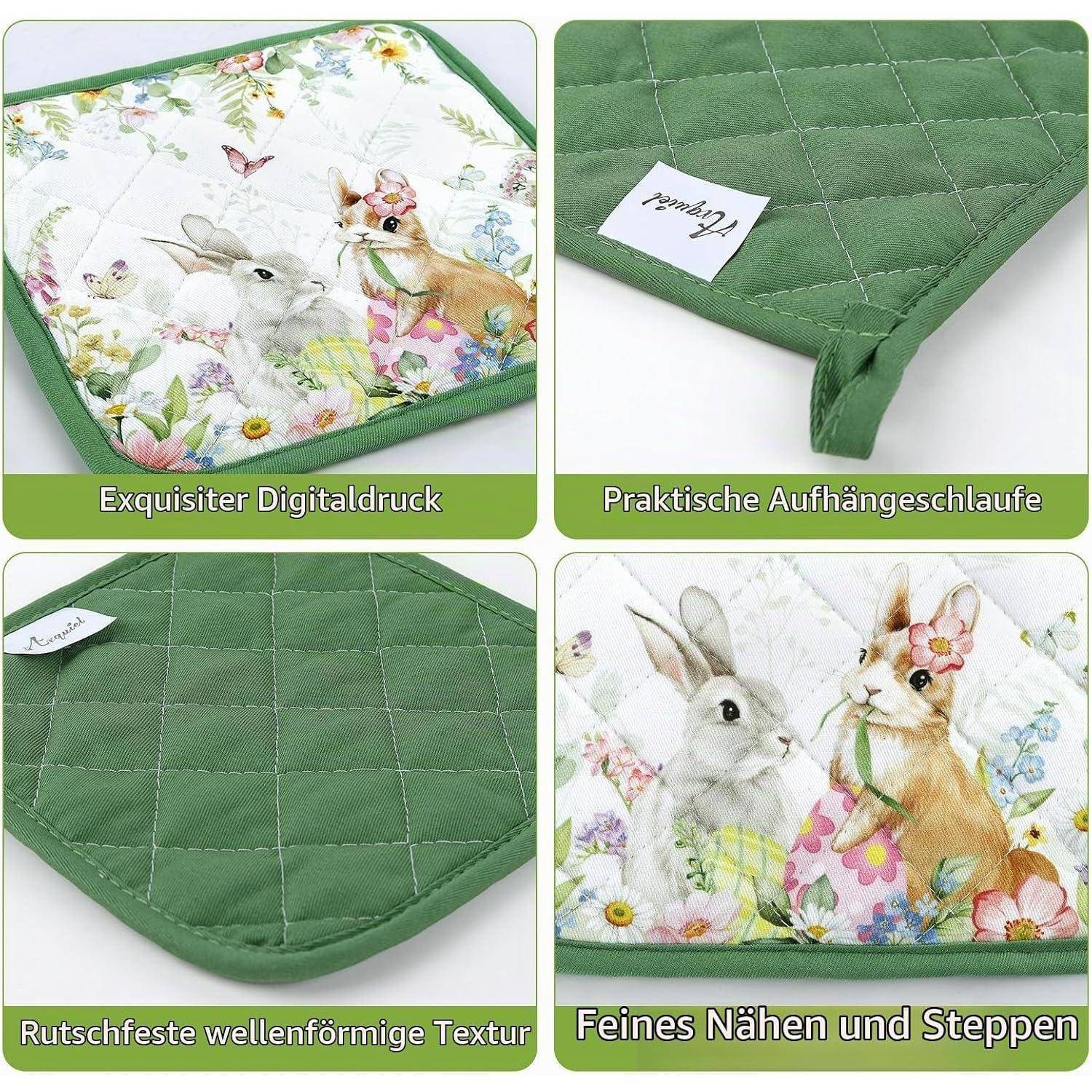 Ofenhandschuh & Topflappen Set 4tlg. Baumwolle Ostern Hase Motiv