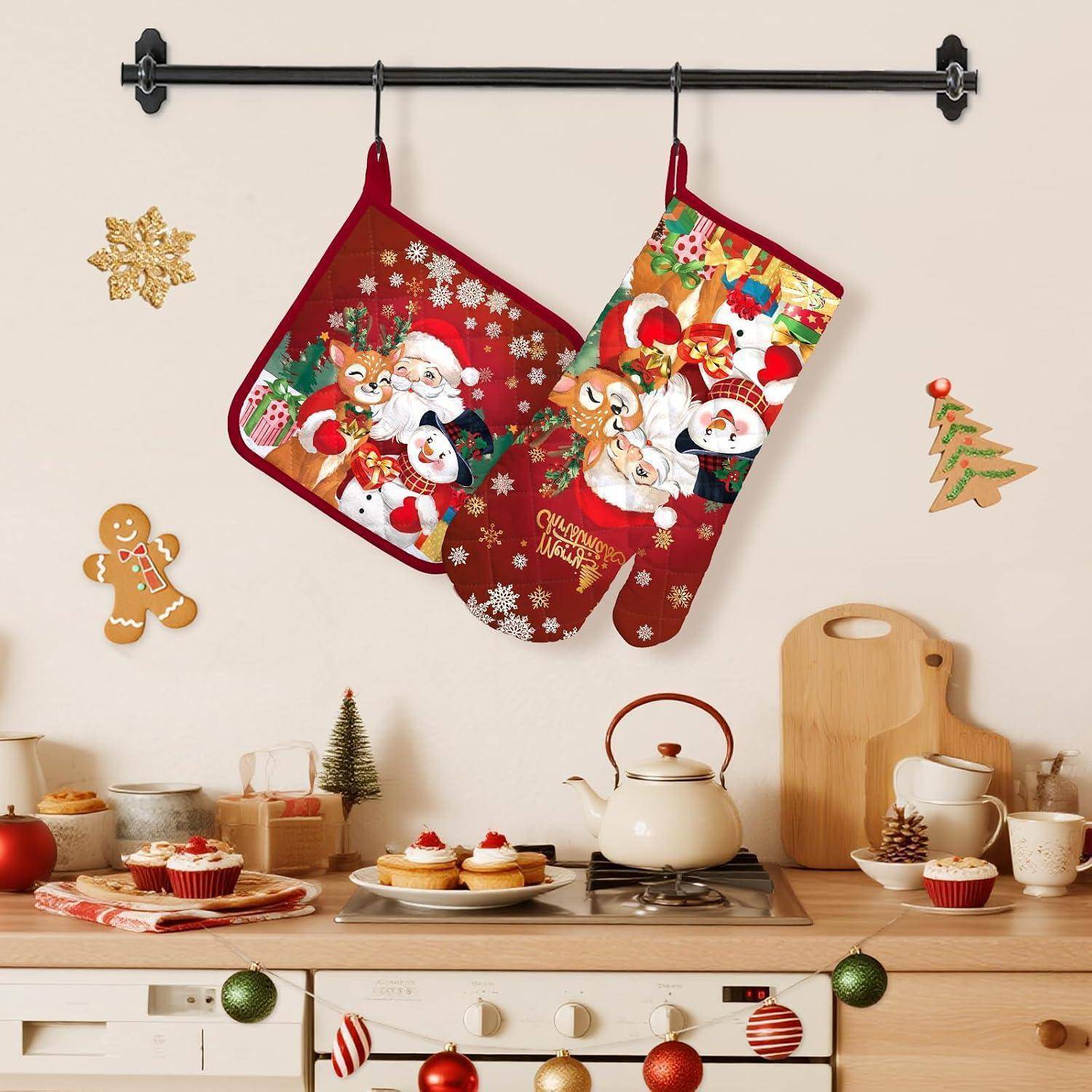 Weihnachtsmann Ofenhandschuh & Topflappen 2er-Set Baumwolle hitzebeständig