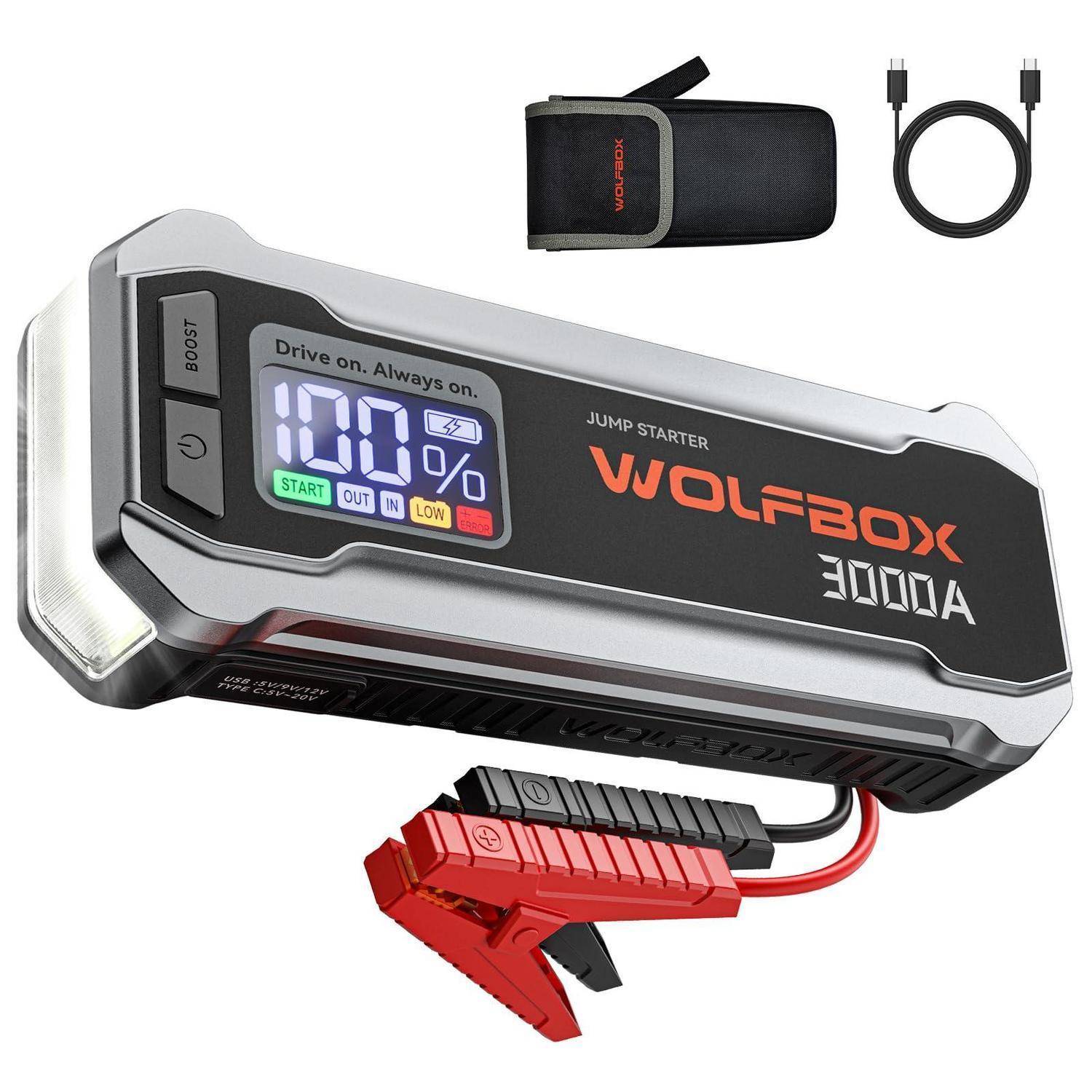 WOLFBOX Starthilfe Powerbank 3000A 12V mit LED-Taschenlampe und HD-Display