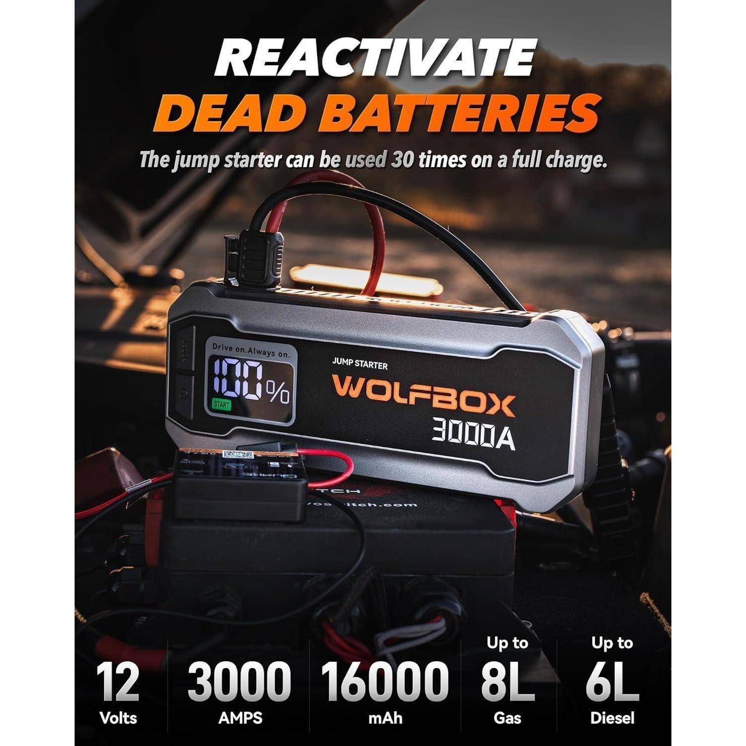 WOLFBOX Starthilfe Powerbank 3000A 12V mit LED-Taschenlampe und HD-Display