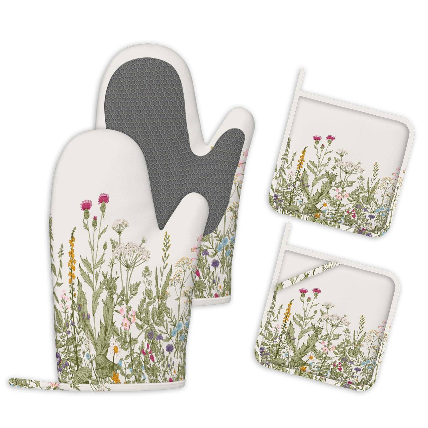4er Set Ofenhandschuhe Topflappen Vintage Blumen Silikon Hitzebeständig Rutschfest