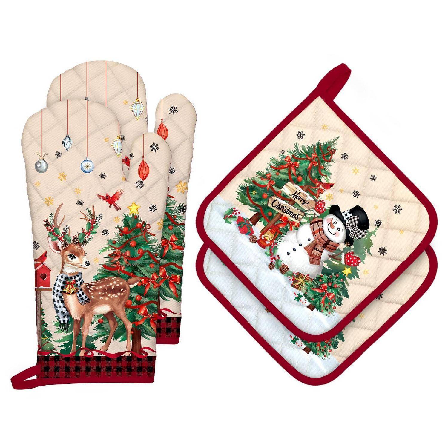 Ofenhandschuh & Topflappen 4er-Set Baumwolle Weihnachten Waldtiere Motiv