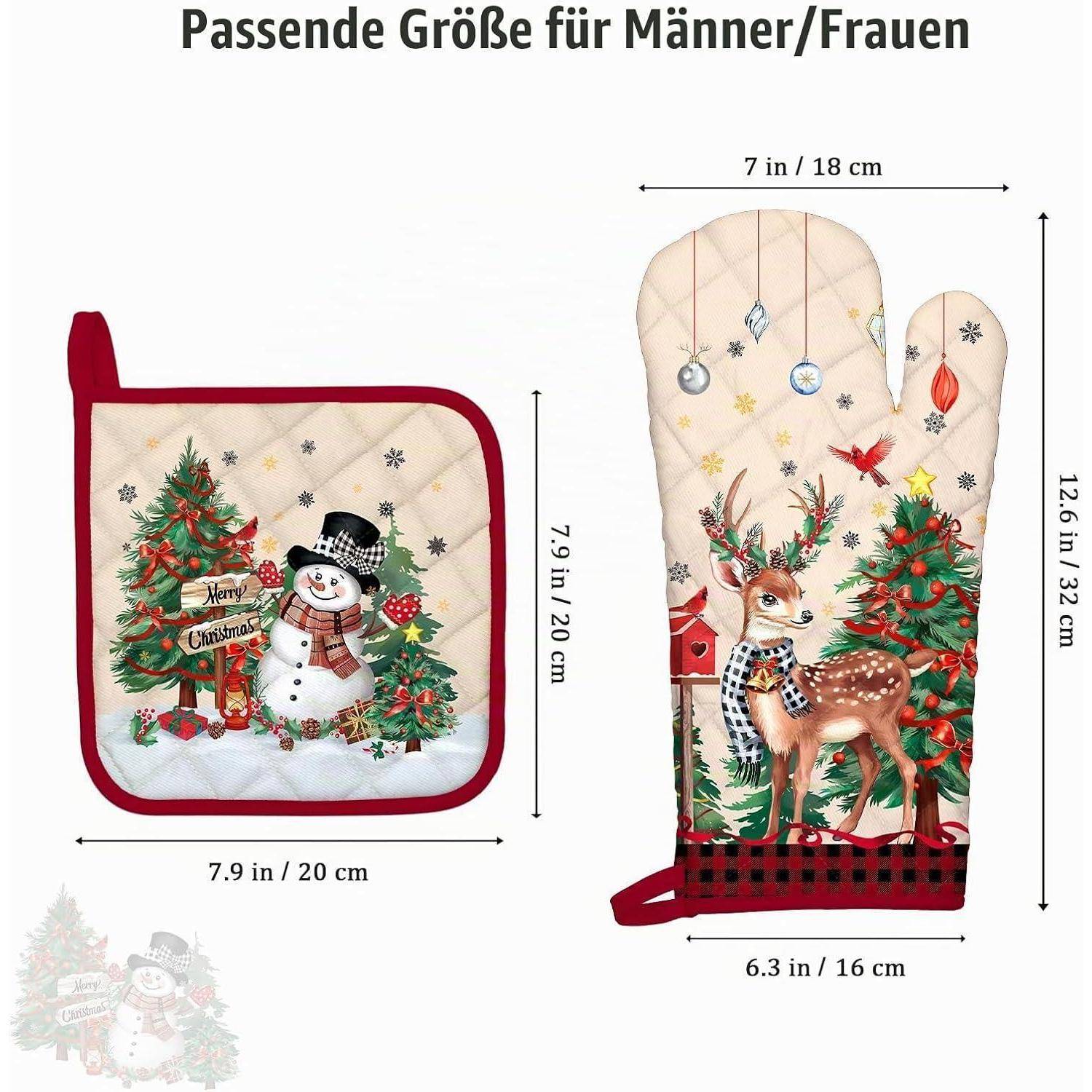 Ofenhandschuh & Topflappen 4er-Set Baumwolle Weihnachten Waldtiere Motiv
