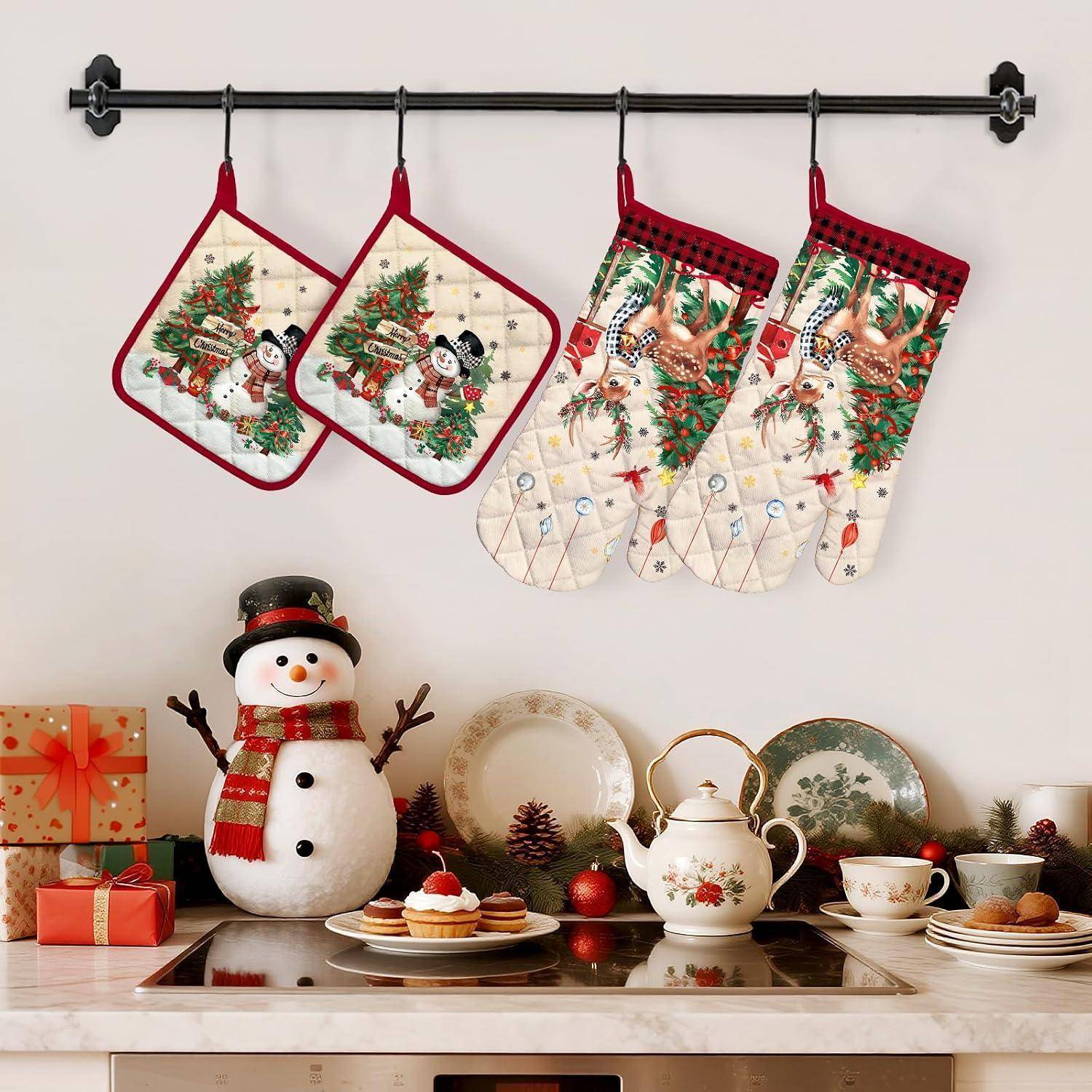 Ofenhandschuh & Topflappen 4er-Set Baumwolle Weihnachten Waldtiere Motiv