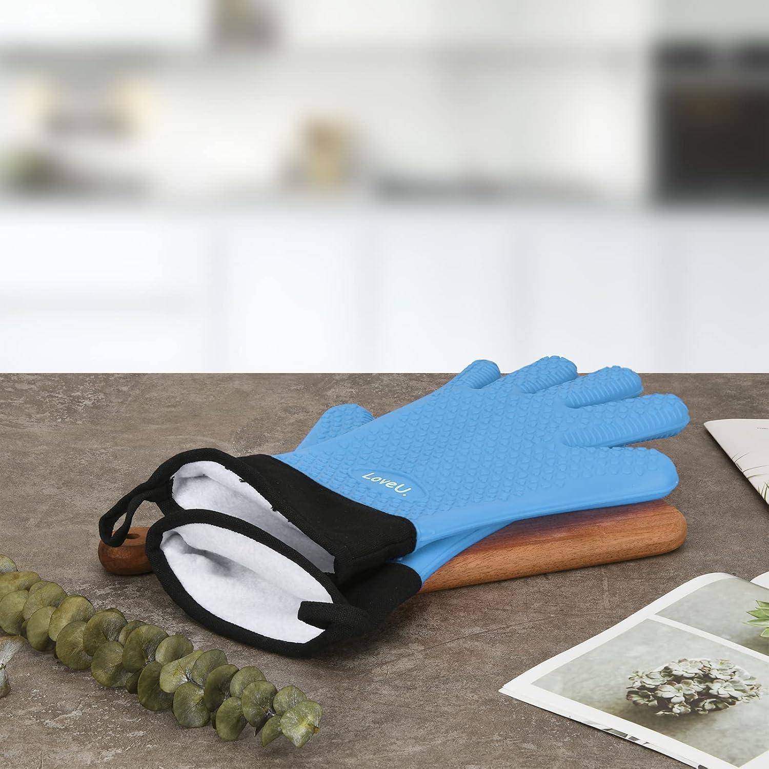 Grillhandschuhe Silikon Baumwolle hitzebeständig blau lang