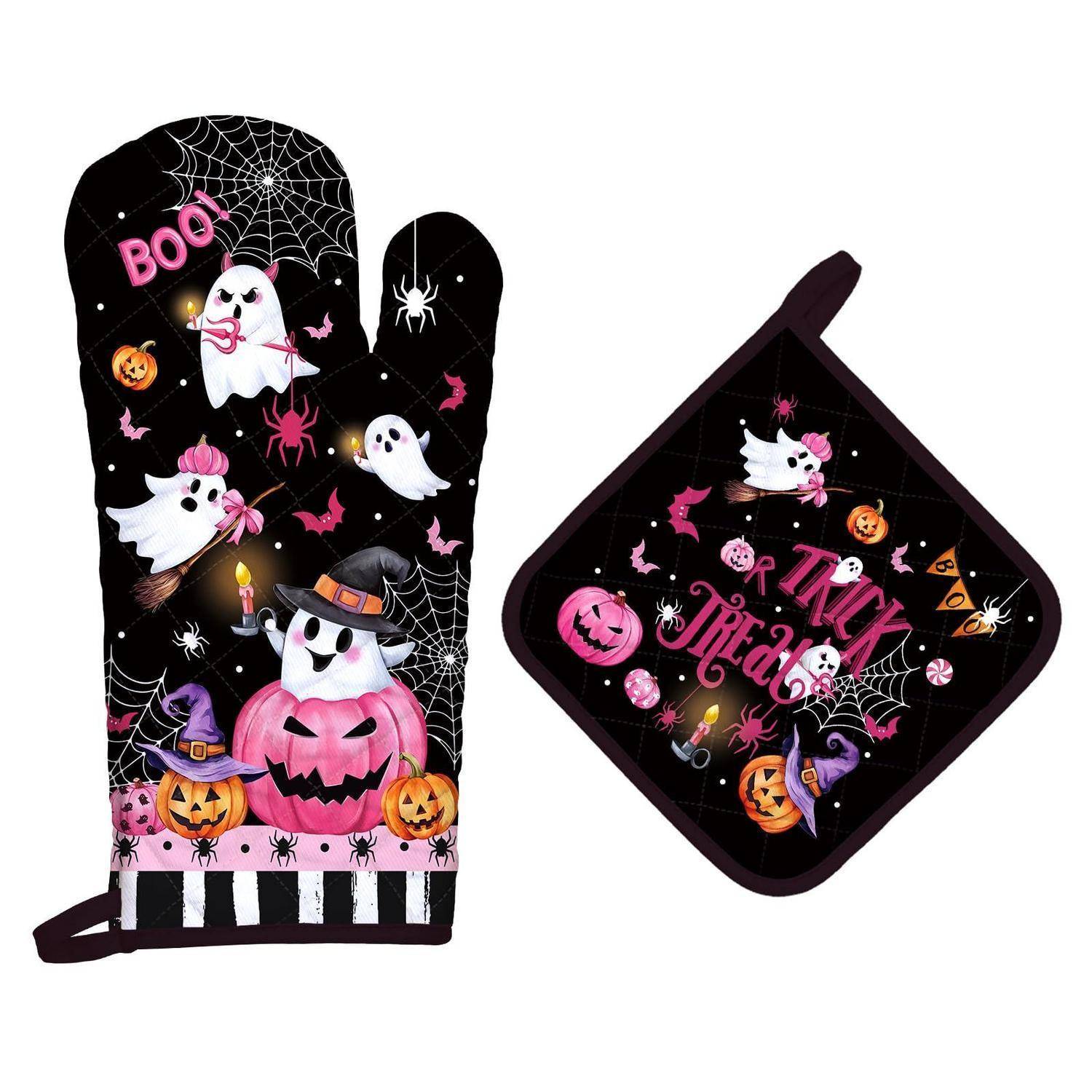 Ofenhandschuh und passendes Topflappen-Set zu Halloween mit Geistern, Fledermäusen, Spinnen, Kürbissen und Grafiken mit 