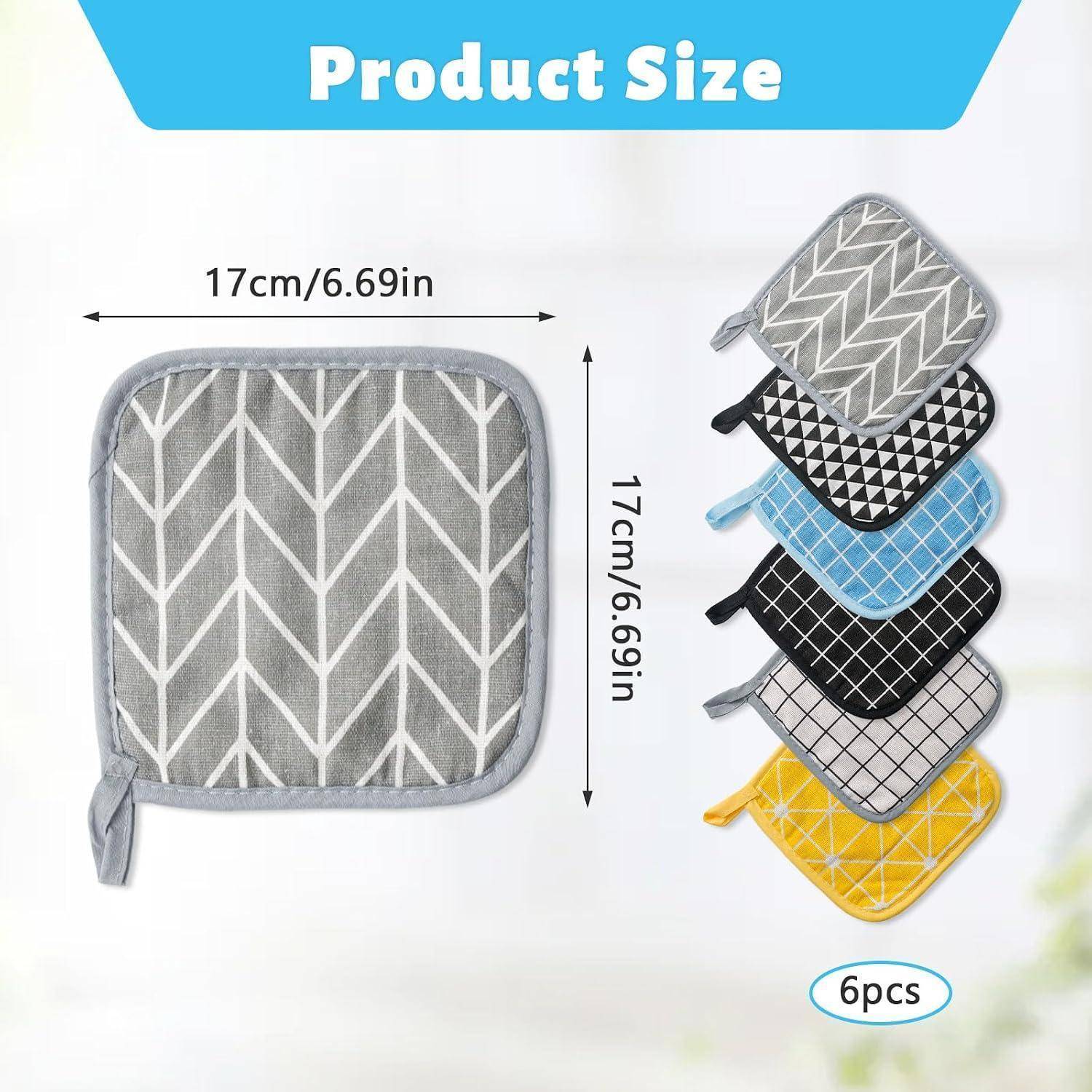 Die Produktgrößengrafik zeigt einen quadratischen gesteppten Topfuntersetzer mit den Maßen 17 cm × 17 cm (6,69 Zoll) und ein auf der rechten Seite angezeigtes 6-teiliges Farbmusterset.