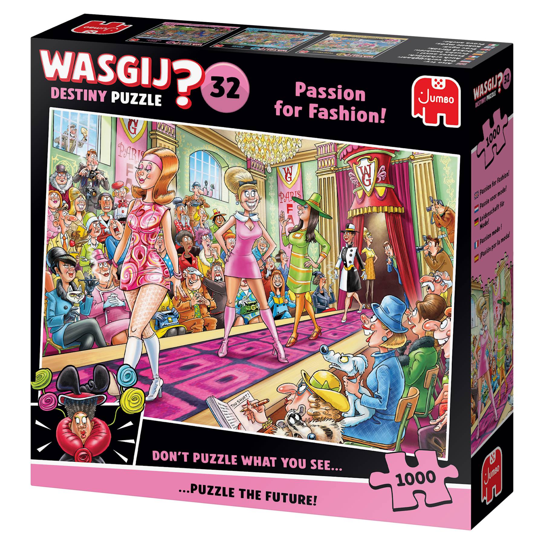 Schachtel für „Wasgij? Destiny Puzzle 32" mit dem Titel „Passion for Fashion!"" zeigt eine farbenfrohe Modeshow-Szene mit Models und sitzenden Zuschauern.