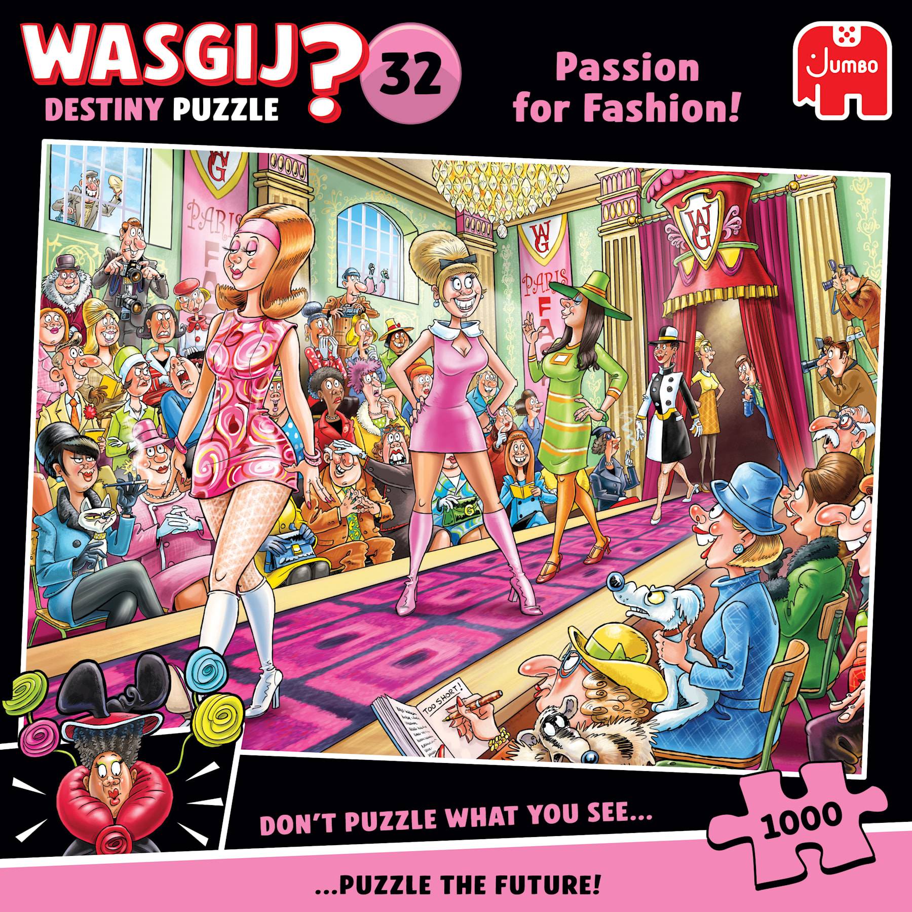 Bunte 'Wasgij Destiny Puzzle 32' Schachtelkunst zeigt Modemodels auf einem Laufsteg mit einer Menge in einer glamourösen Halle; der Text sagt 'Passion für Mode!