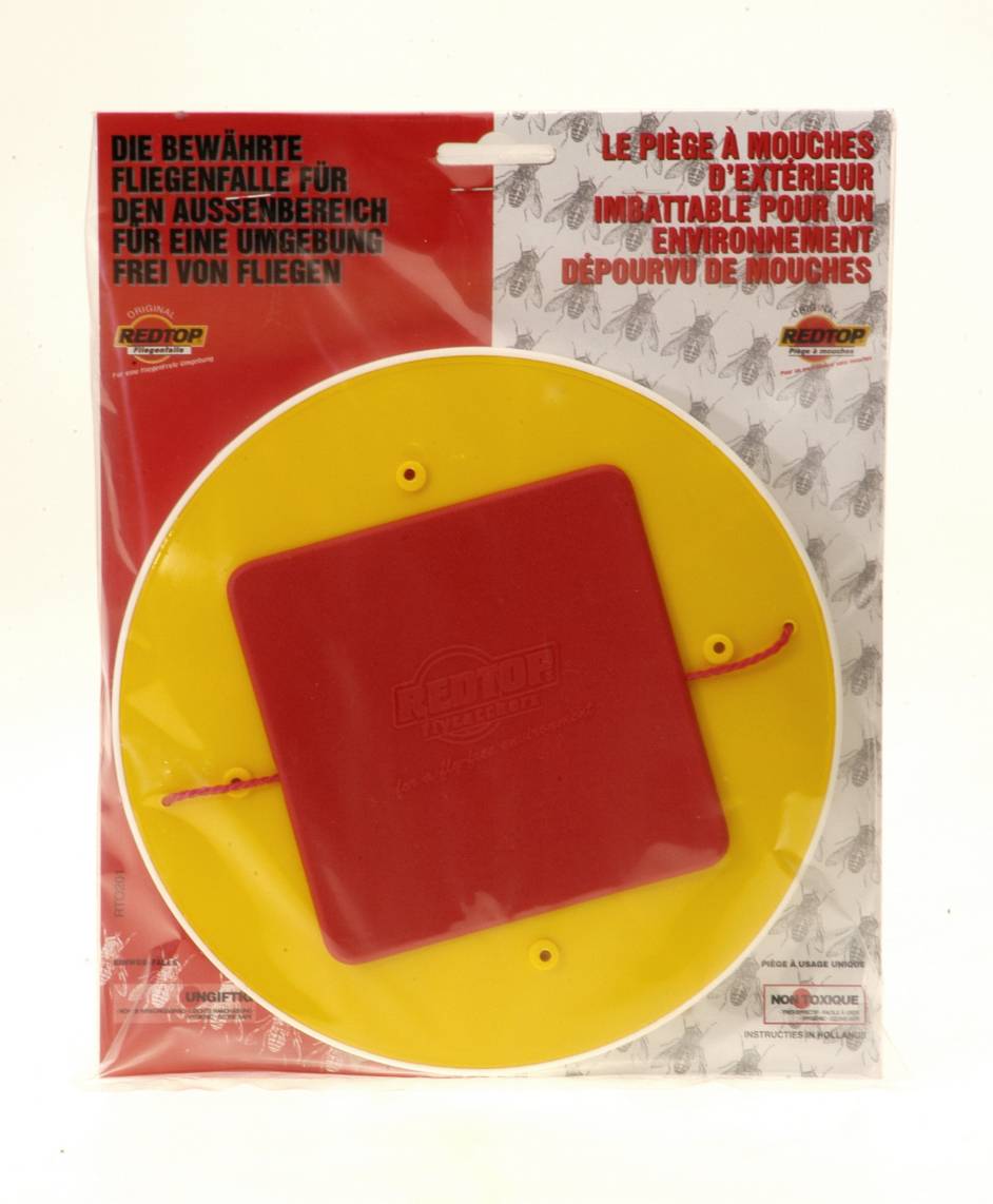 Paket einer gelb-roten Redtop-Fliegenfalle für den Außenbereich, mit Etiketten in deutscher und französischer Sprache.