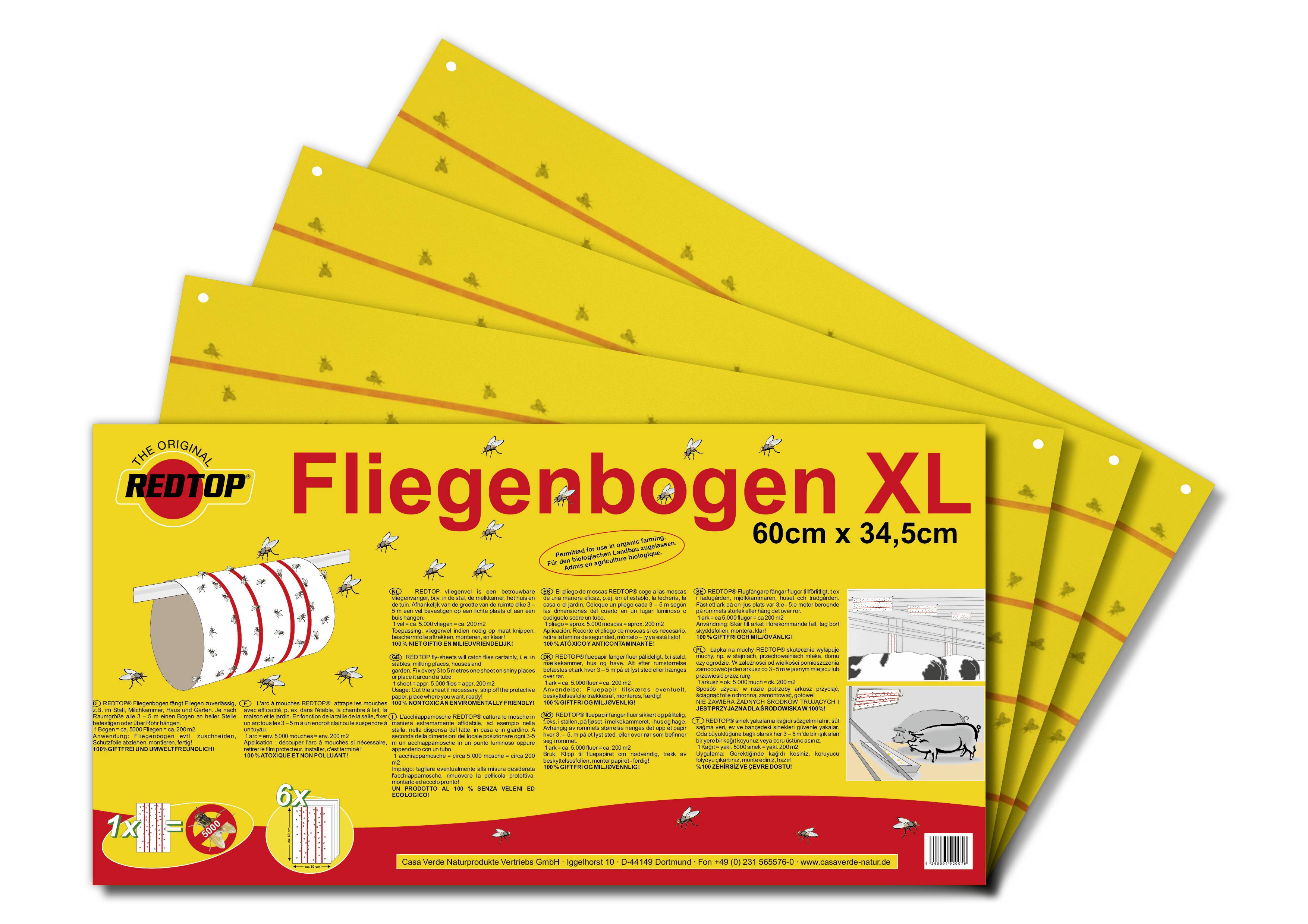 Verpackungsbild für das Modellbausatz-Set 'Fliegerbogen XL', 60 cm x 34,5 cm, zeigt eine rot-gelbe Produktschachtel mit mehreren gelben Blättern dahinter.