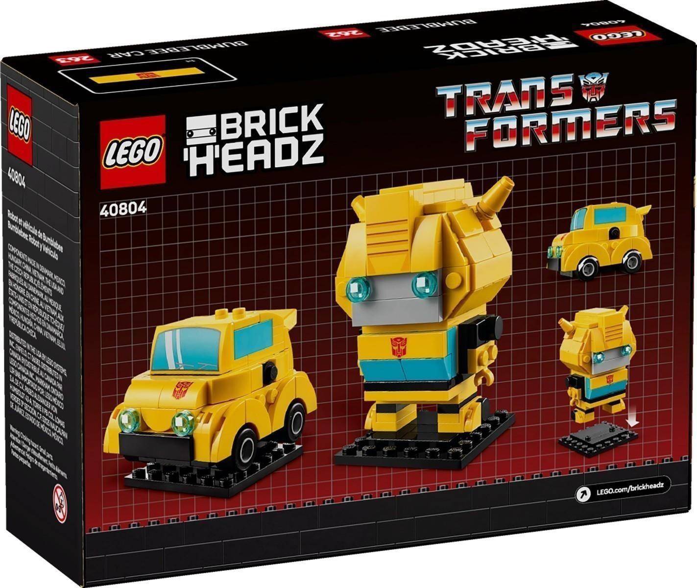 LEGO BrickHeadz Transformers 40804 Karton zeigt das gelbe Bumblebee-Modell, Fahrzeug und alternativen kleinen Bau auf Ausstellungsständern.