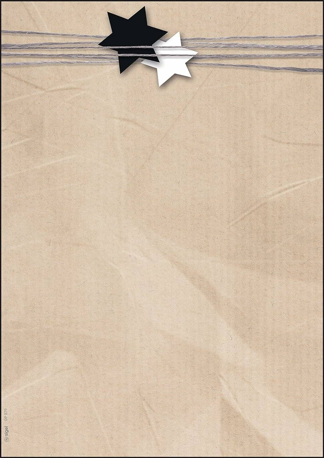 Abstrakte beige Papiertextur mit zwei überlappenden Sternformen, eine schwarz und eine weiß, nahe der oberen Kante