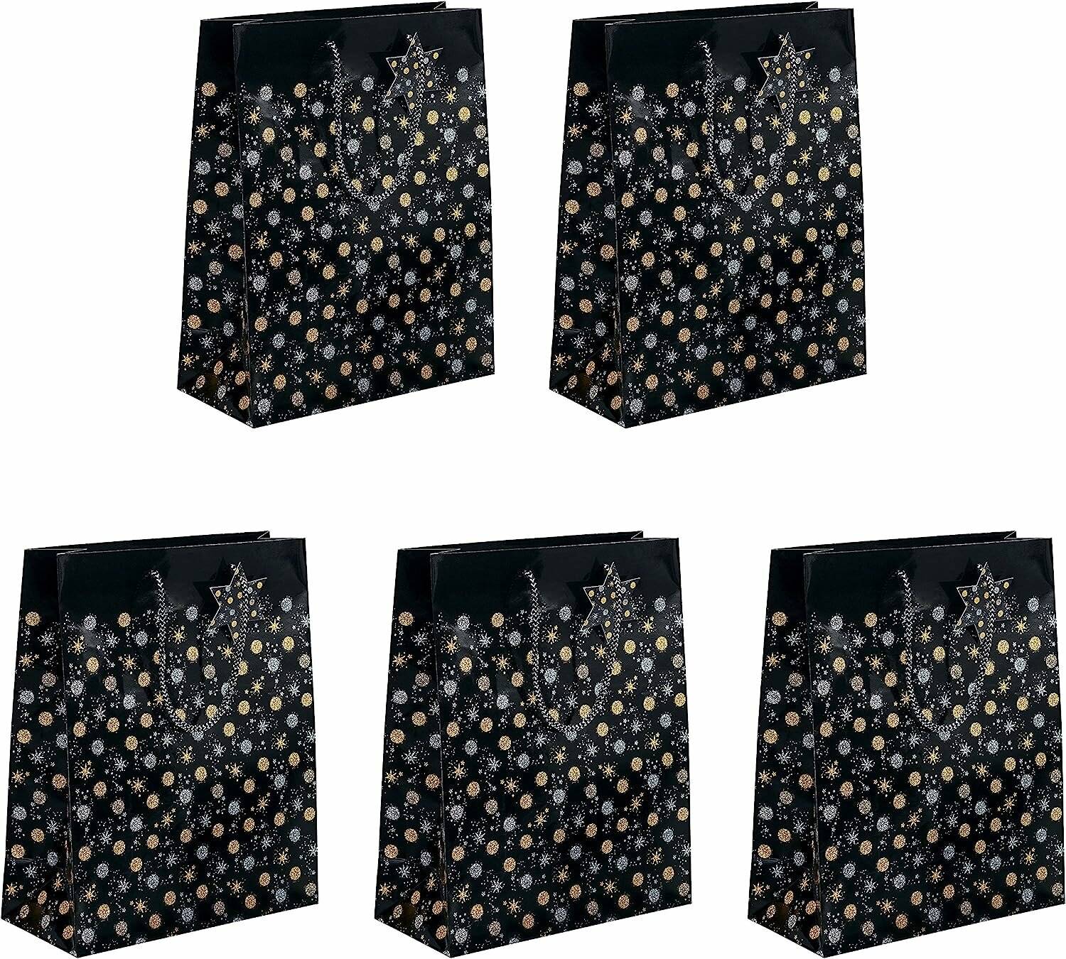 Fünf schwarze Geschenktüten mit gold- und silbernem Stern- und Punktmuster, in einem Produktlayout auf weißem Hintergrund dargestellt.