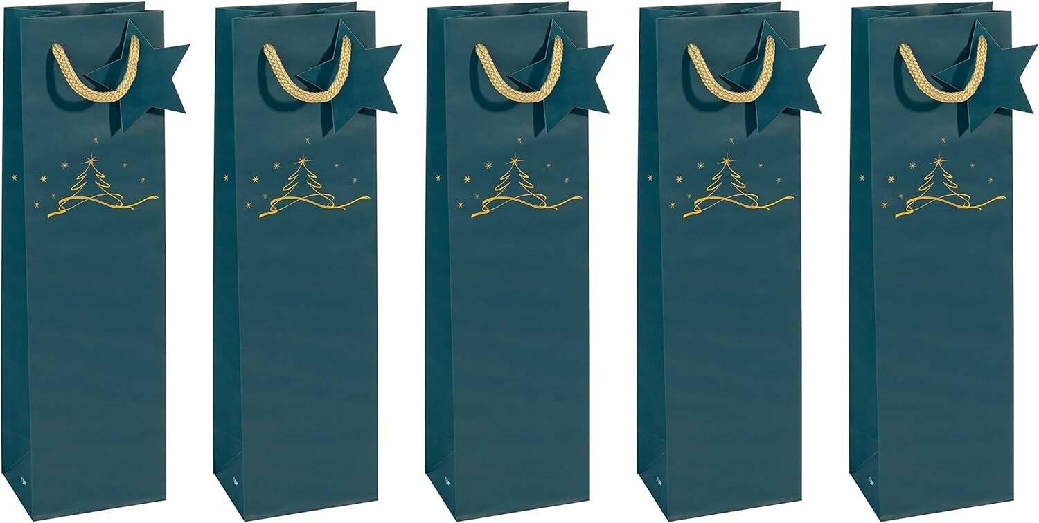 Fünf türkisfarbene Geschenktüten mit goldenen Griffeln aus Seil und einem goldenen Baumdesign, in einer Reihe auf weißem Hintergrund angeordnet.