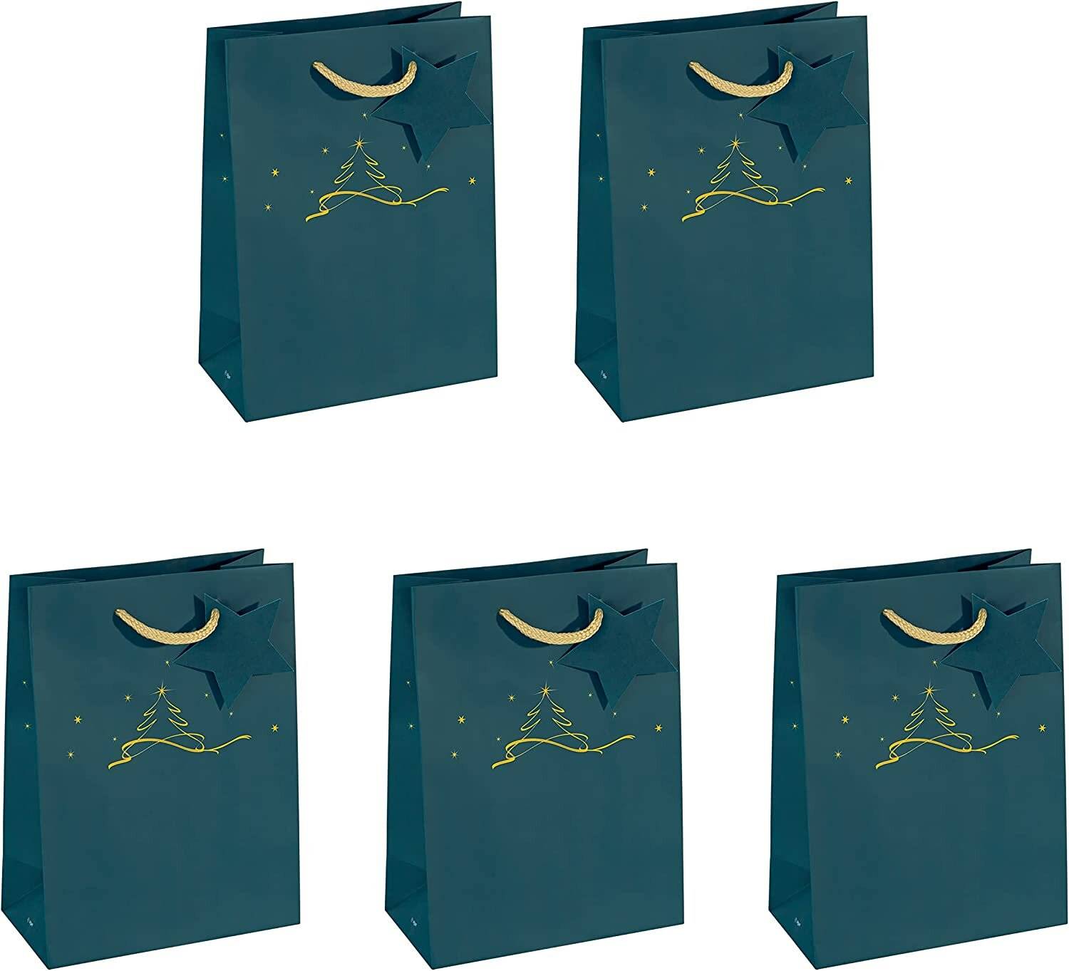 Fünf türkisfarbene Geschenktüten für die Feiertage mit goldfarbenen Seilhenkeln und goldfarbenen Weihnachtsbaummustern, angeordnet auf weißem Hintergrund.