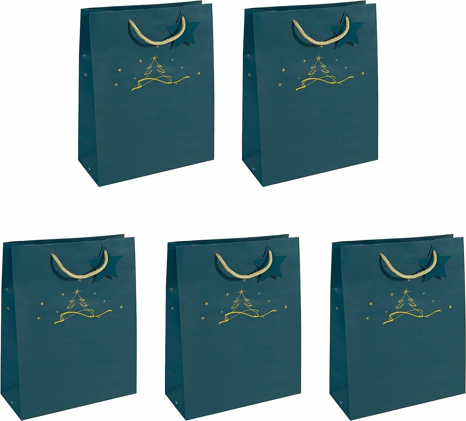 Fünf petrolblaue Geschenktüten mit goldenen Seilgriffen und einer goldenen Linienzeichnung, dargestellt auf weißem Hintergrund.