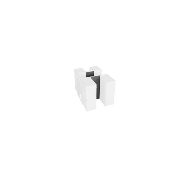 Abstrakte weiße 3D-geometrische Form mit einem dunklen zentralen vertikalen Streifen, zentriert auf einem einfachen weißen Hintergrund.