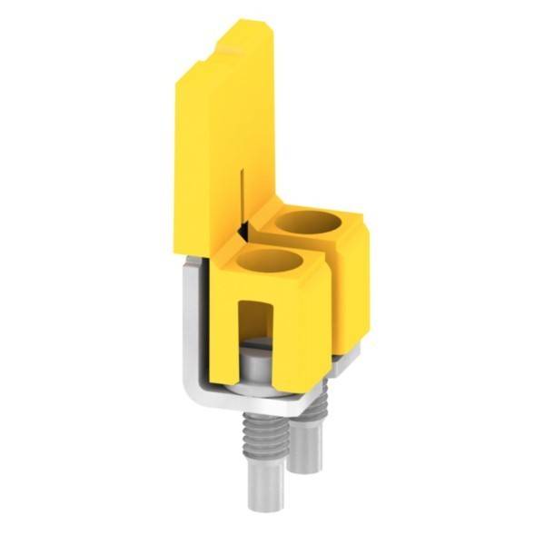 Gelber Elektrostecker mit zwei runden Anschlüssen und Metallbefestigungsstiften, isoliert auf weißem Hintergrund dargestellt.