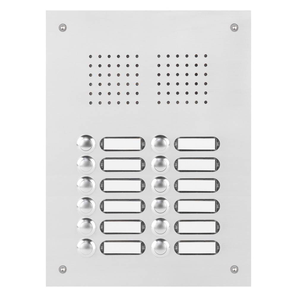 Silbernes Metall-Türsprechanlage-Panel mit zwei Lautsprechergittern und zwölf Tastaturplätzen, mit Schrauben in jeder Ecke montiert.
