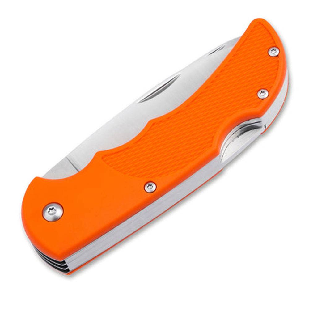 Orange-griff-Klappmesser auf weißem Hintergrund.
