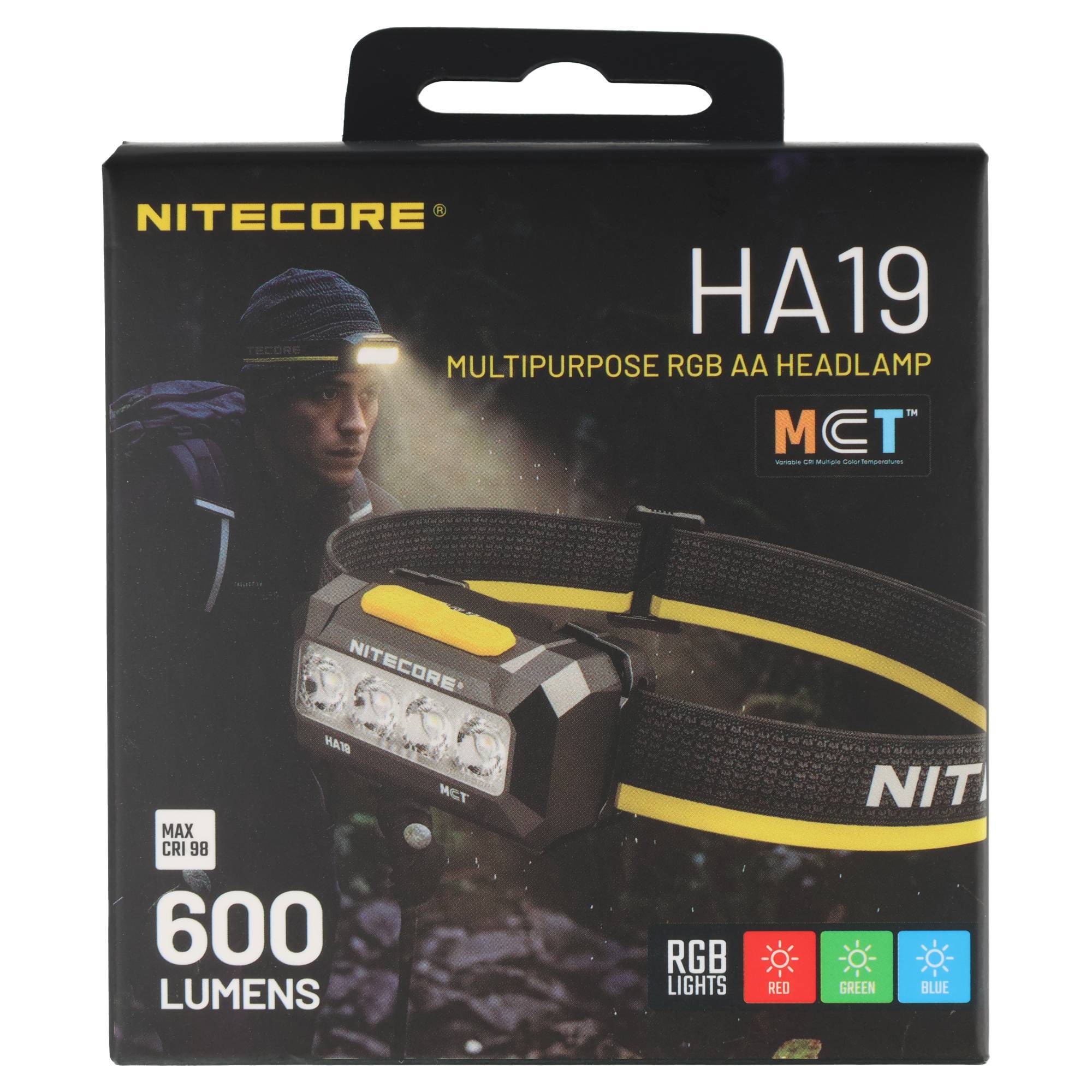 Nitecore HA19 Mehrzweck-RGB-AA-Stirnlampe, Karton mit 600 Lumen, MCT-Modus und rot-, grün-, blauem RGB-Licht.