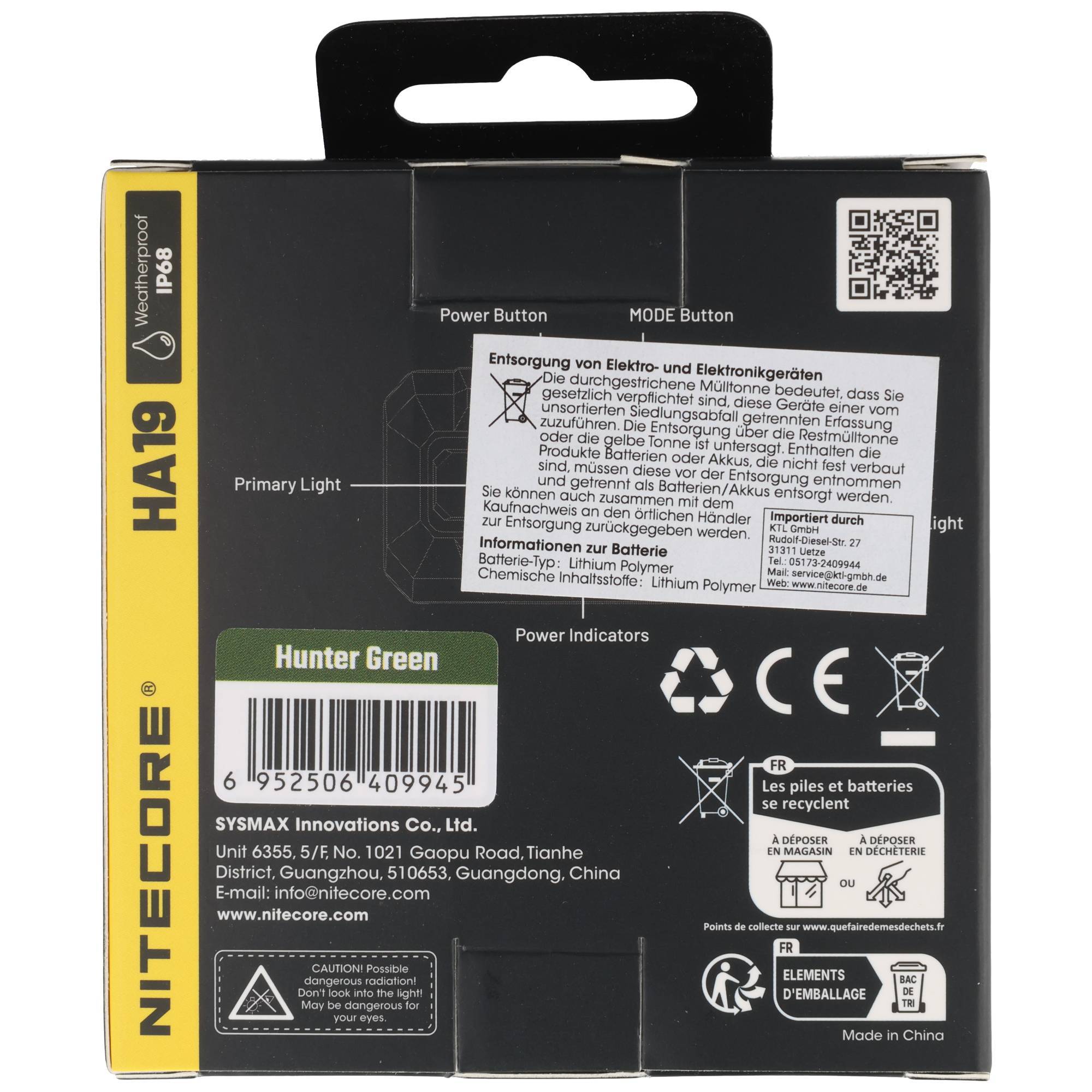 Verpackungsbox für eine Nitecore HA19 Kopflampe, schwarz mit gelbem Seitenpaneel, Barcode und QR-Code, beschriftet mit „Hunter Green