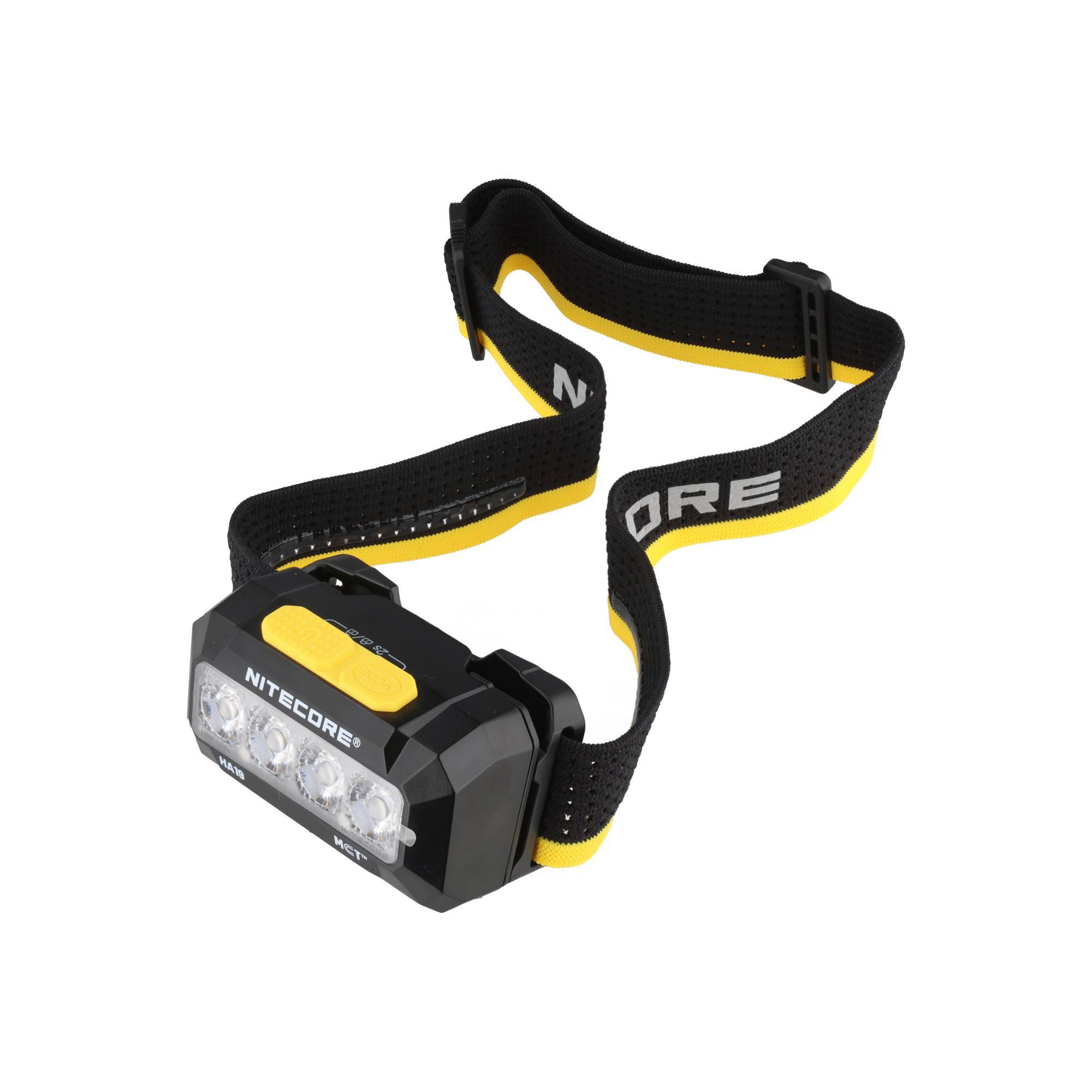 Schwarzgelbe NITECORE-Stirnlampe mit verstellbarem Riemen auf weißem Hintergrund.