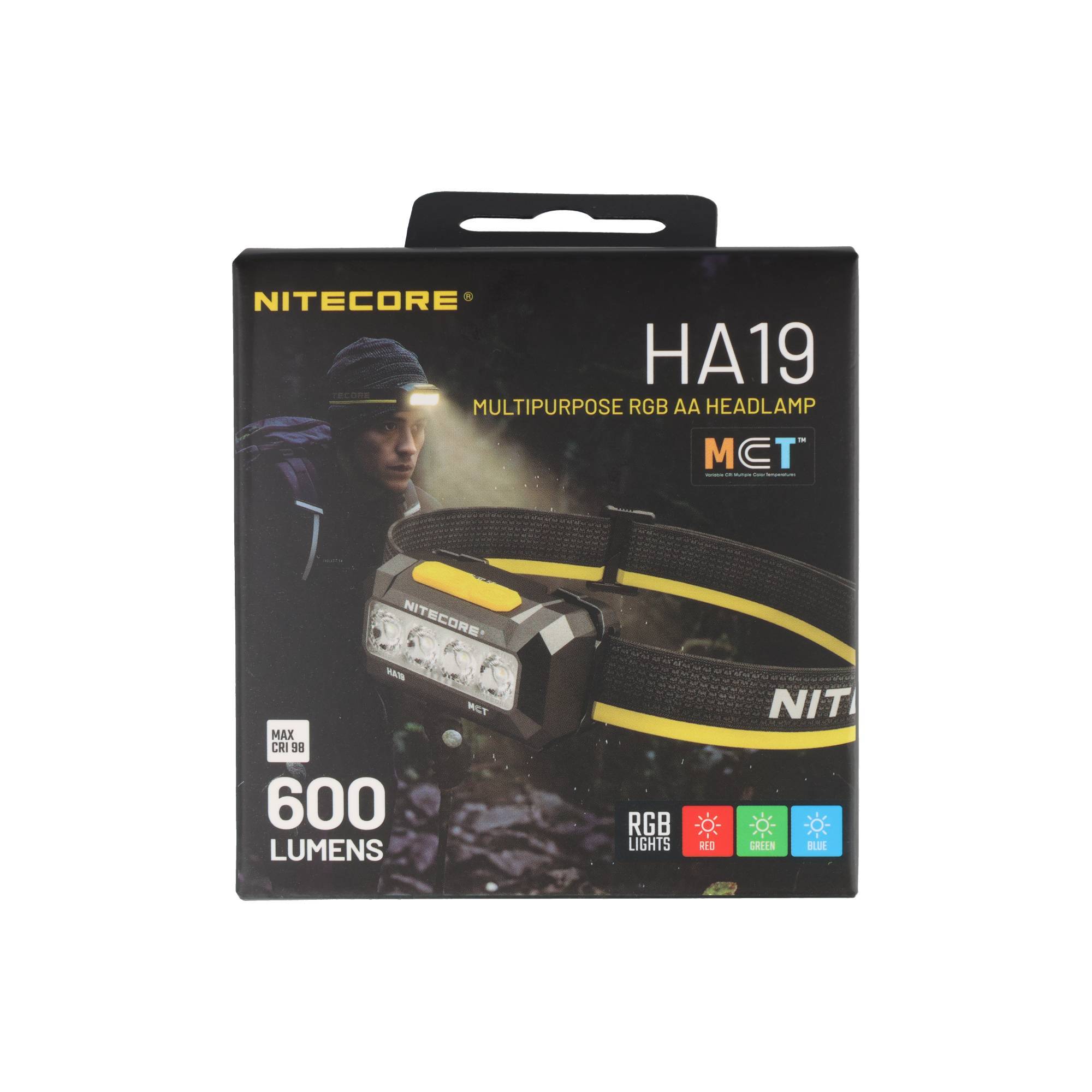 Nitecore HA19 Mehrzweck-RGBA-Kopflampe, Verpackung zeigt 600 Lumen und RGB-Lichter.
