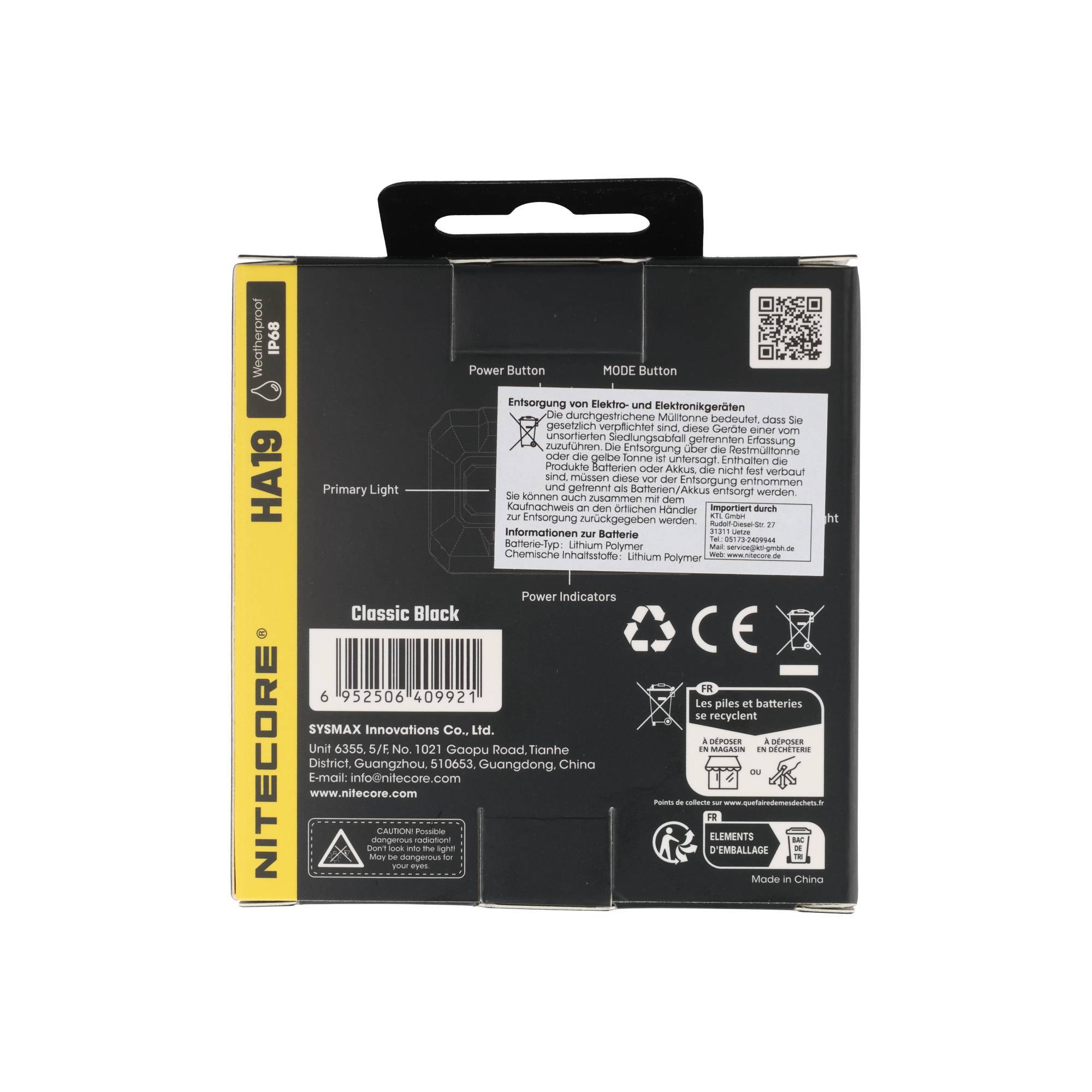 Rückseite einer NITECORE HA19 Classic Black Stirnlampenverpackung mit Produktdetails, Barcode, QR-Code, Sicherheitssymbolen und Recycling-Etiketten.