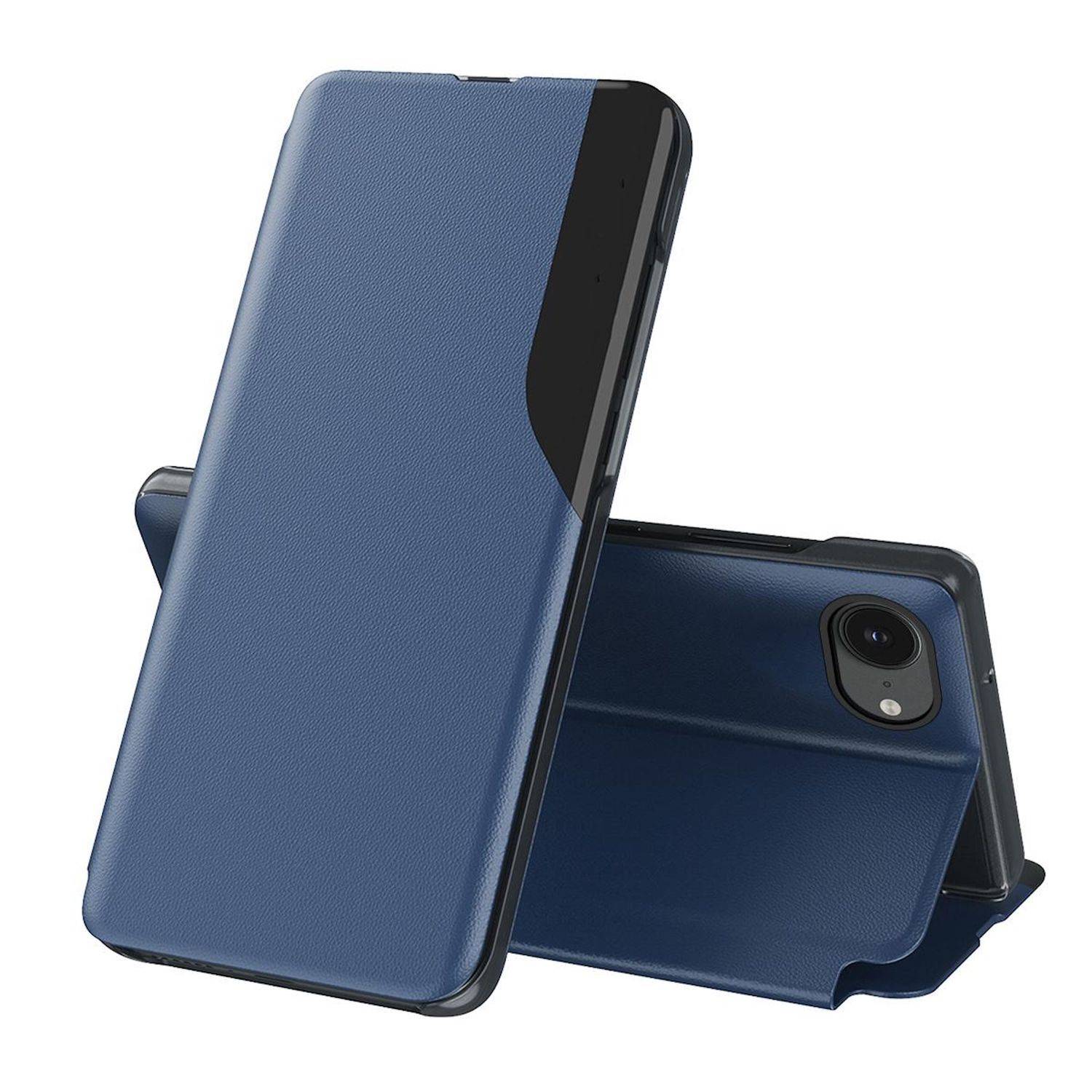 Zwei blaue Smartphone-Schutzhüllen, offen und geschlossen dargestellt, wobei die Rückseite eine Ausschnitt für die rückseitige Kamera und eine klappbare Ständerfunktion zeigt.