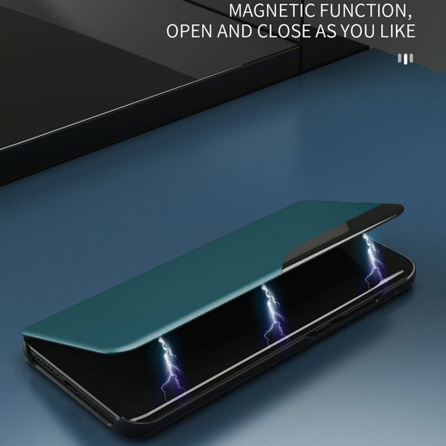 Smartphone-Hülle mit magnetischem Flipcover, teilweise offen, mit Blitzeffekt innen; Text besagt 