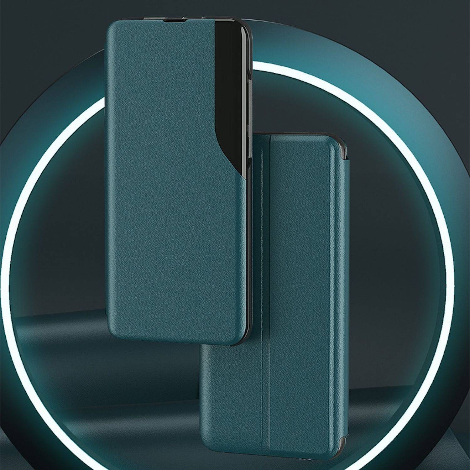 Zwei blaugrüne Smartphone-Schutzhüllen aufrecht in einem leuchtenden kreisförmigen Rahmen auf dunklem Hintergrund angezeigt, was ein schlankes Produktdesign hervorhebt.