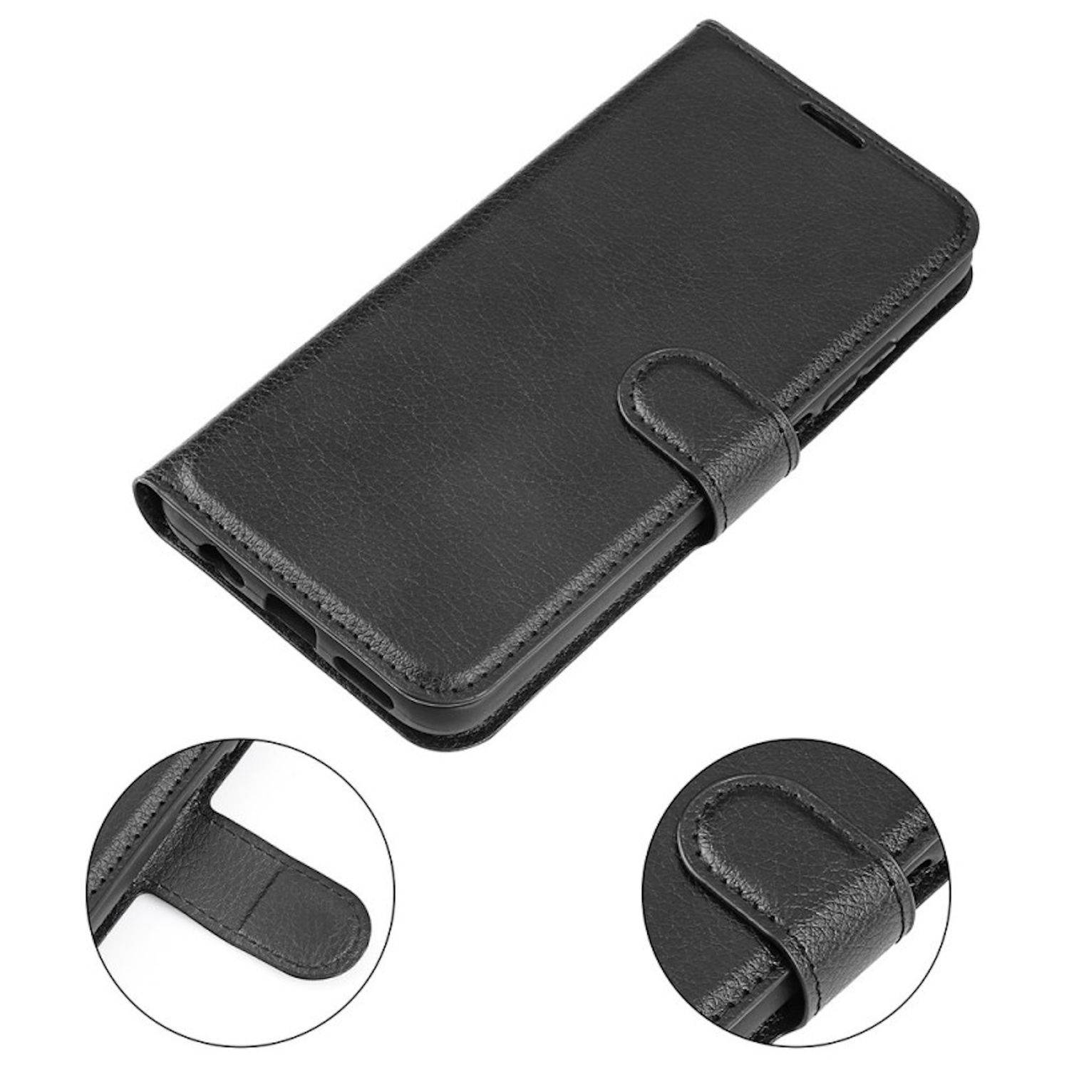 Schwarze Leder-Look-Klapphandyhülle mit Riemenverschluss, gezeigt mit Nahaufnahmen der Verschlussdetails.