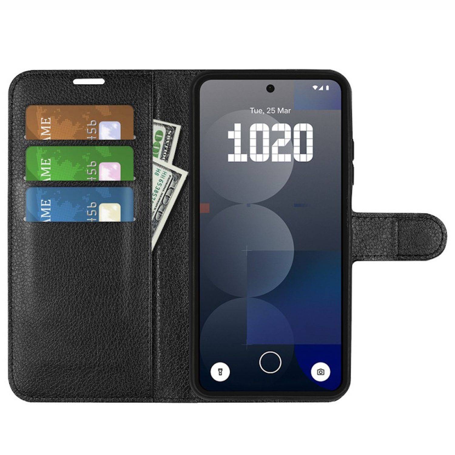 Schwarze Geldbörsen-Handyhülle mit drei Kartensteckplätzen, Geldtasche und Frontabdeckung mit Smartphone-Display, auf dem die Uhrzeit 10:20 angezeigt wird.