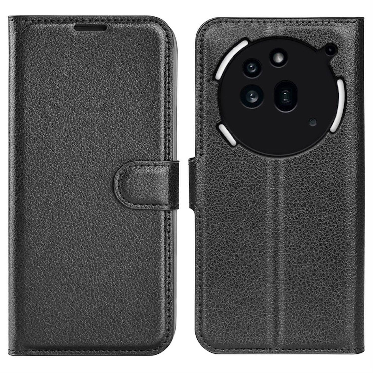 Schwarze Leder-Telefongeldbörse, von vorne und hinten gezeigt, mit Magnetverschluss und Kameraausschnitt für ein Telefon.
