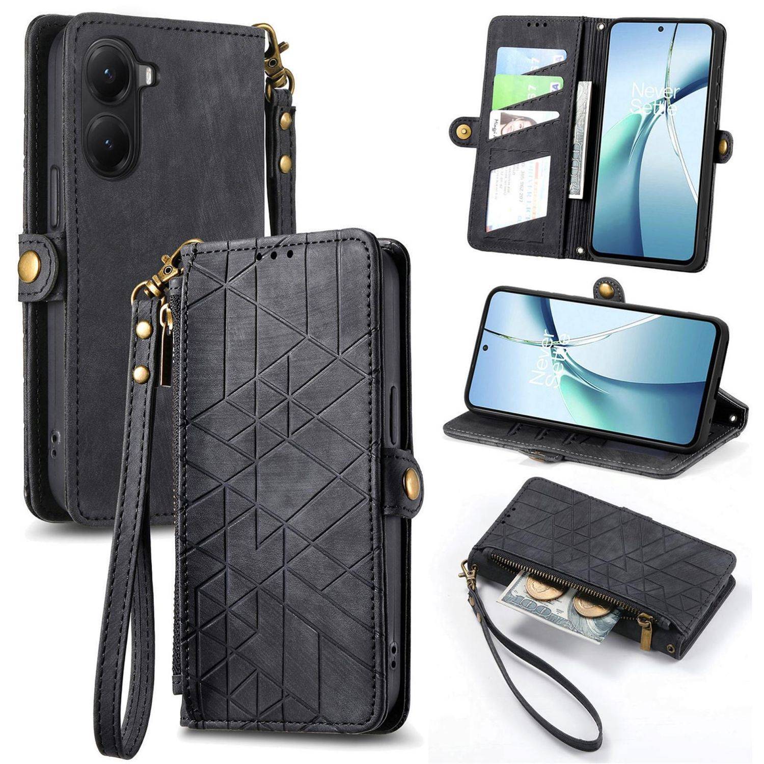 Schwarze Leder-Telefongeldbörse mit Handgelenkschlaufe und Kartensteckplätzen, gezeigt geschlossen, offen, im Standbetrieb und mit Reißverschluss-Münztasche.